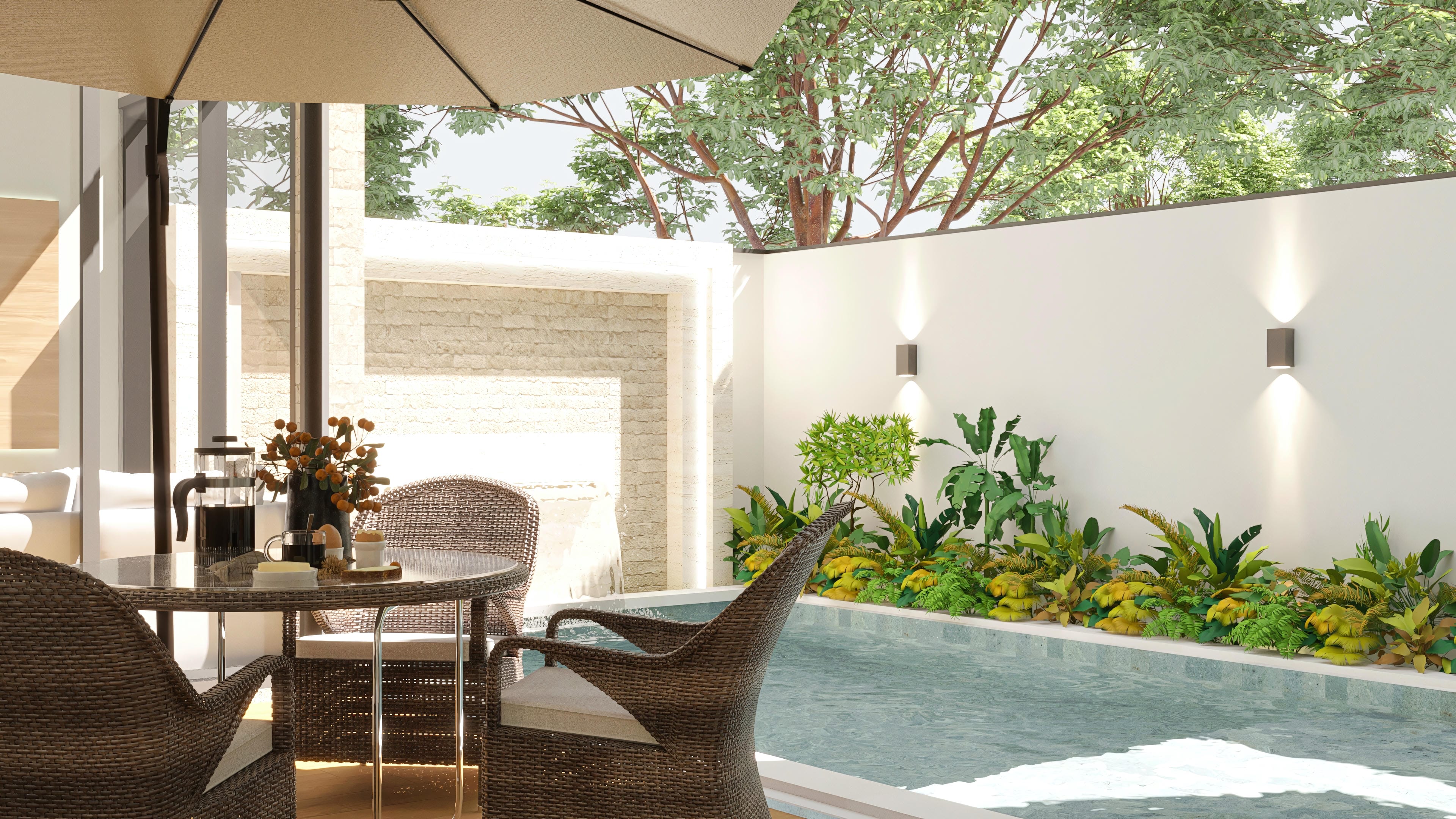 Vista detallada del área externa de una casa moderna, con piscina cristalina, vegetación exuberante e iluminación ambiente elegante.
