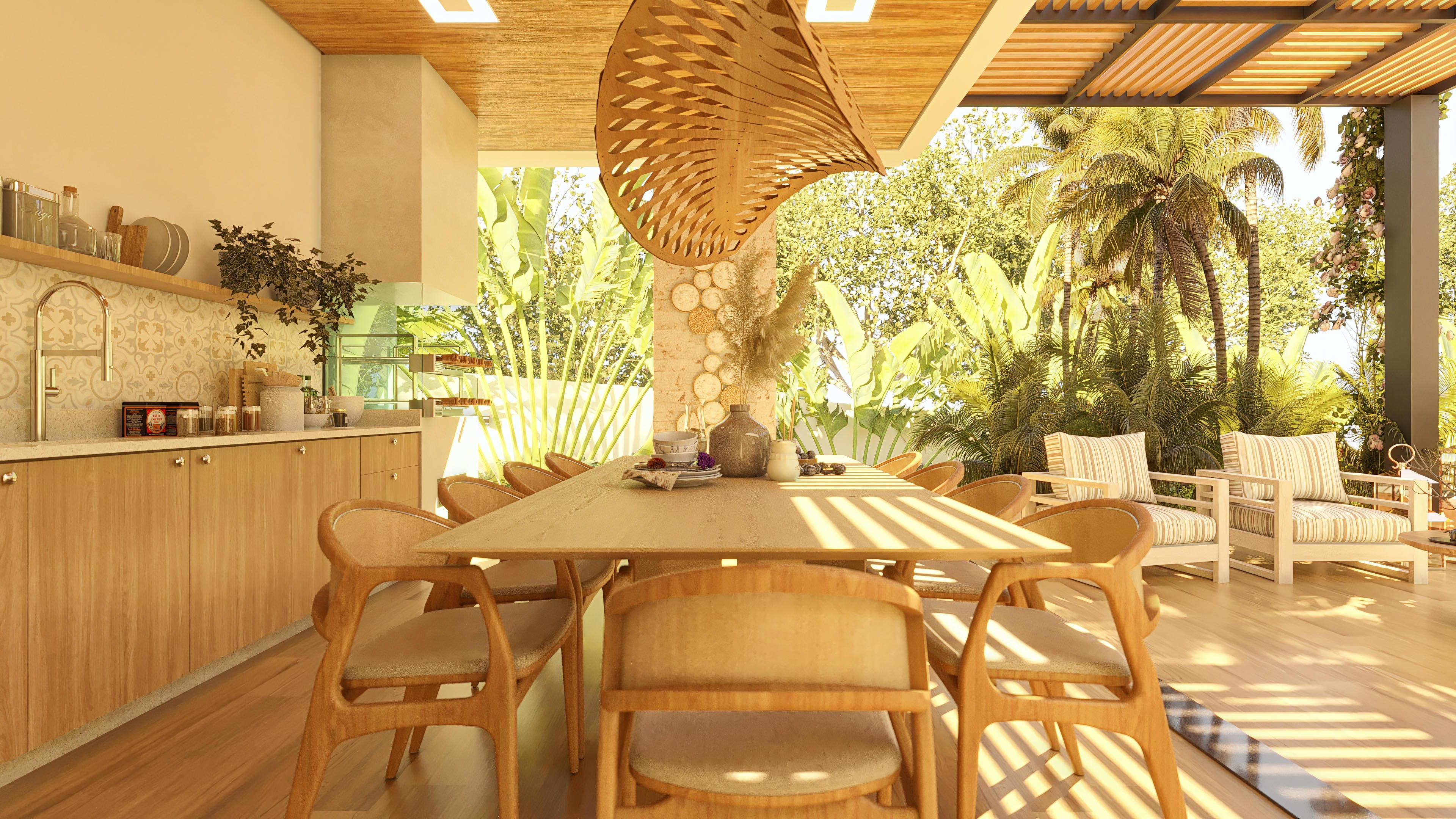 Detalle del área gourmet con amplia barra, mesa de comedor de madera y sillones cómodos, con vista a un jardín exuberante.