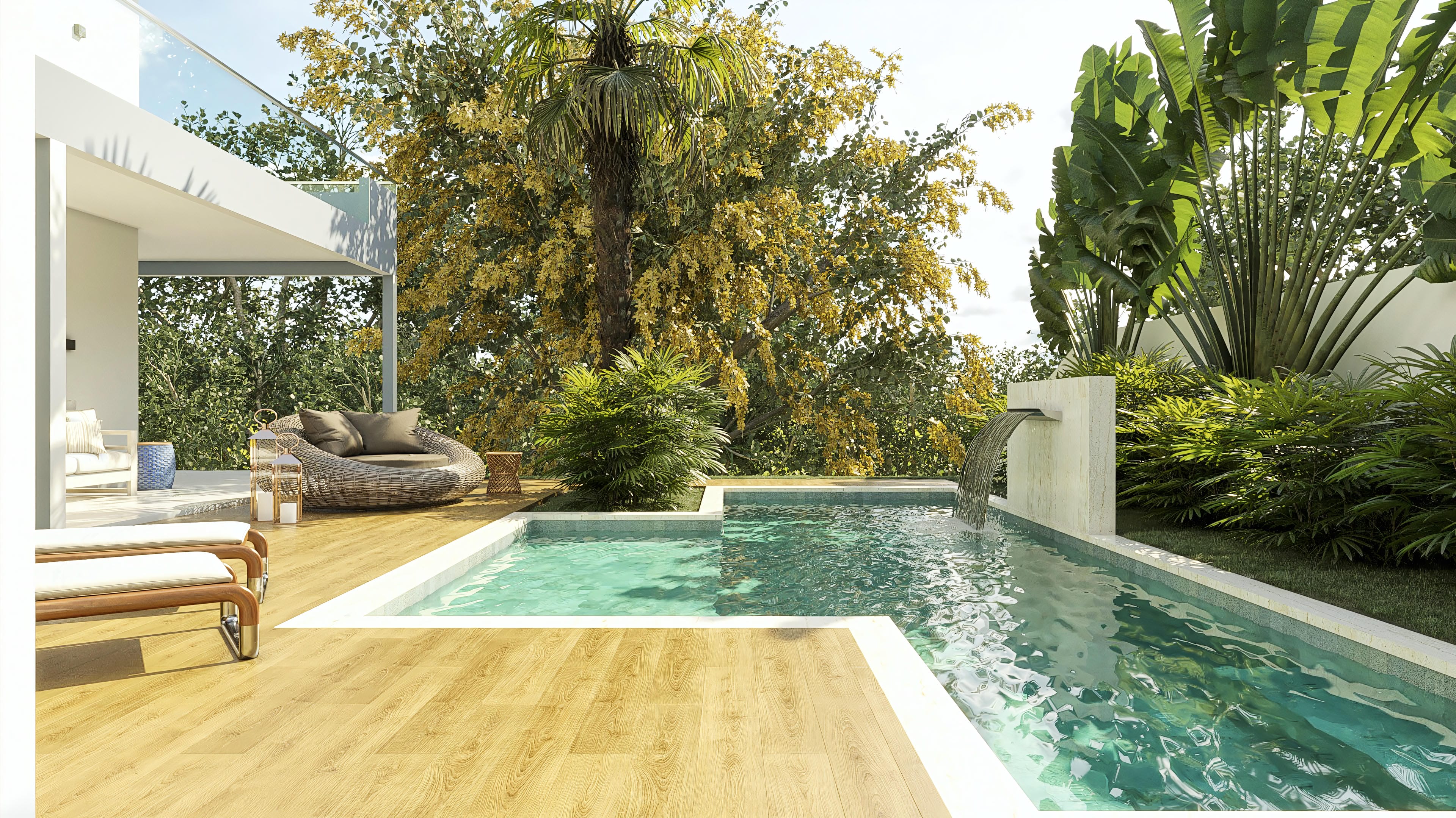 Vista exterior de una casa de dos plantas moderna con piscina, área gourmet y paisajismo exuberante.