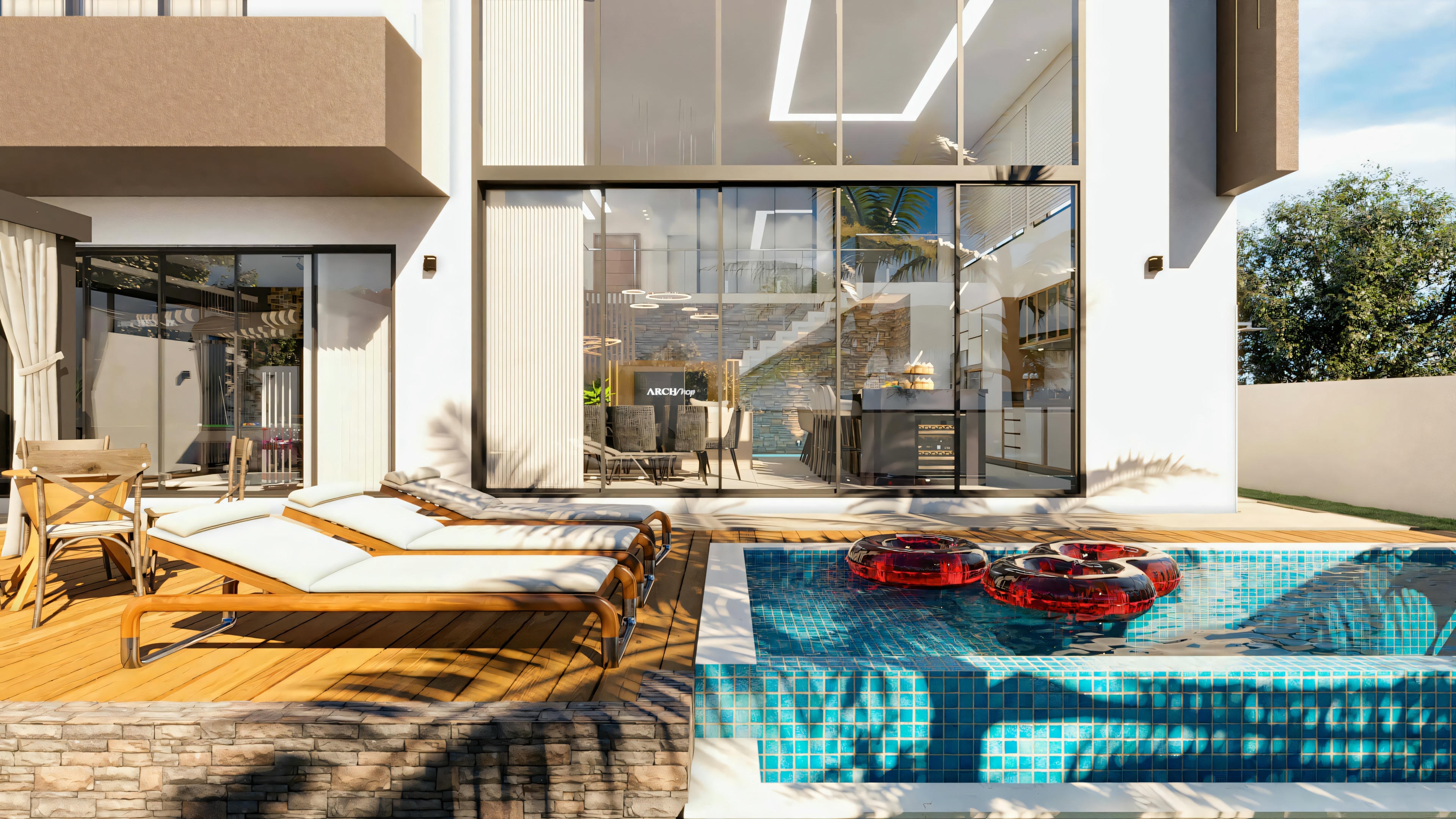 Fachada de los fondos de la casa del proyecto listo de 5 suites, exhibiendo el área de ocio con piscina de pastillas azules, deck de madera con reposeras y amplia puerta de vidrio que integra la sala de estar.