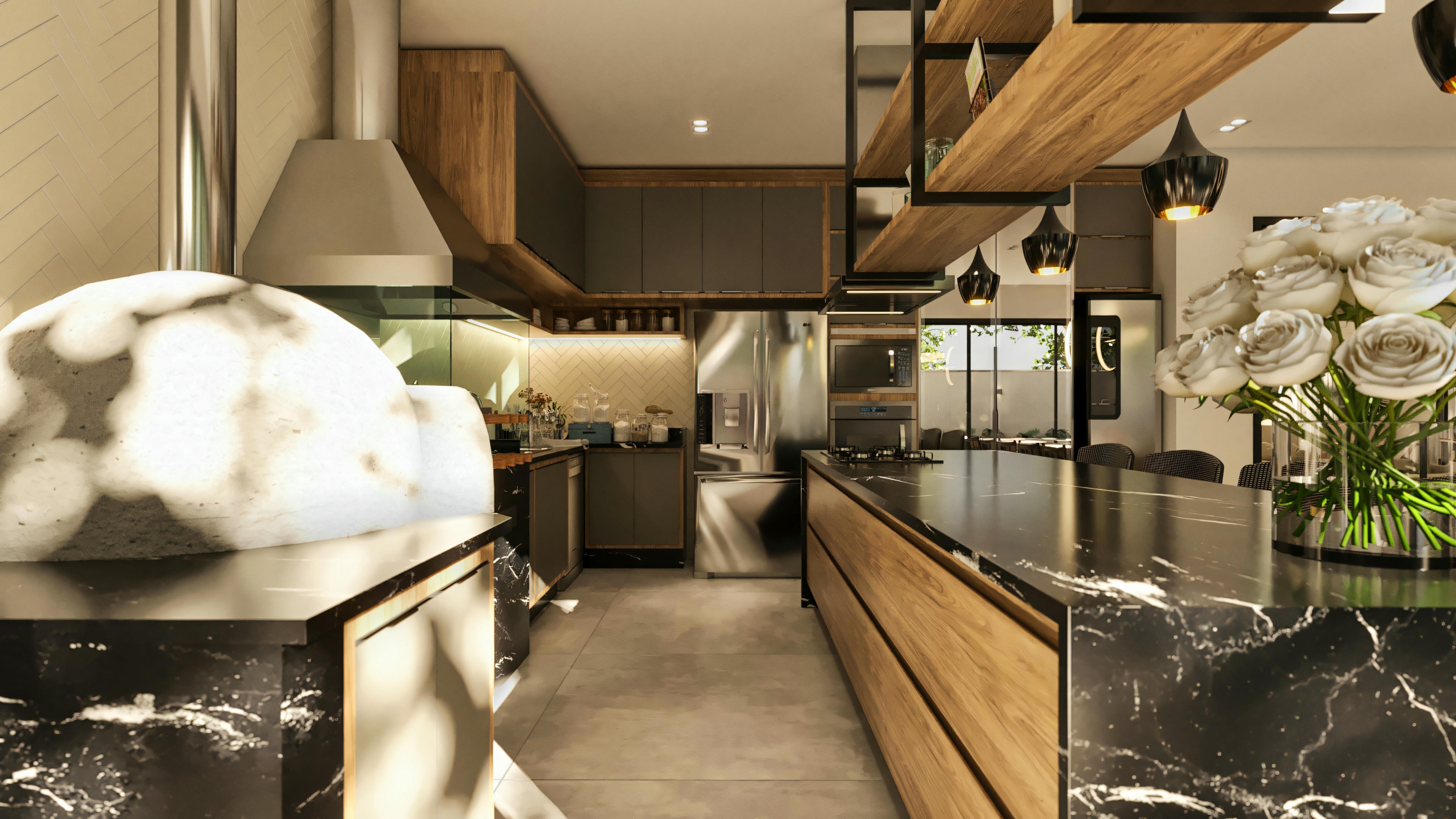 Perspective of the gourmet area and kitchen in a high-standard 5-suite house, highlighting the pizza oven, elongated island with marble or black granite countertop, and planned kitchen in the background.