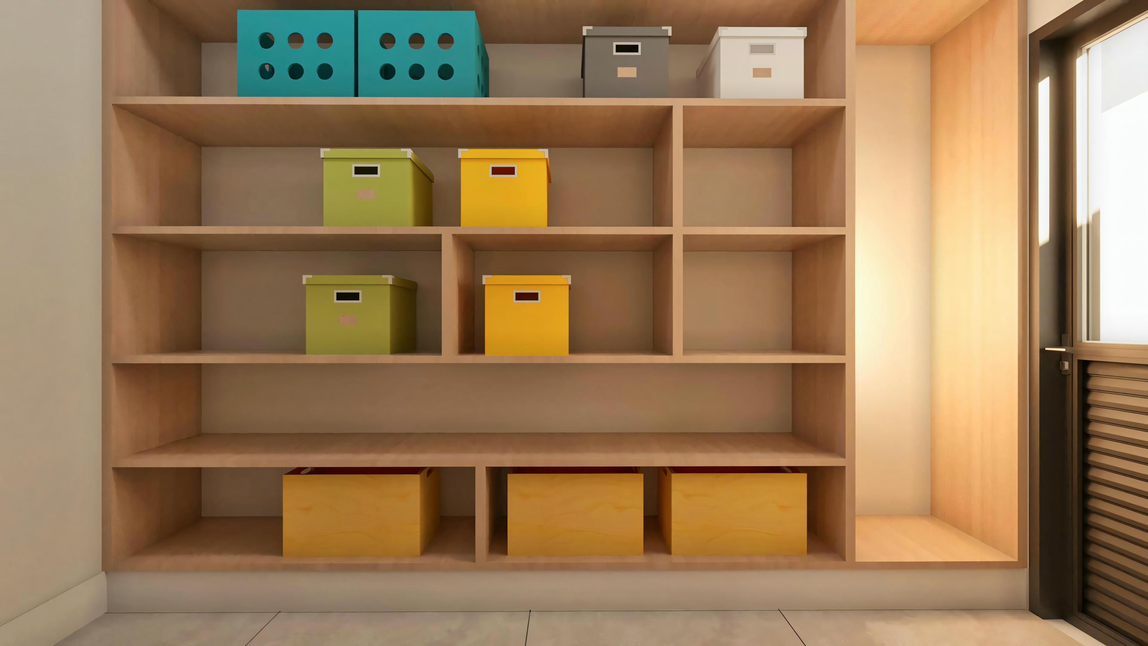 Detail of light wood shelves in the pantry or storage room of a luxury house, with colorful organizer boxes arranged in the niches.