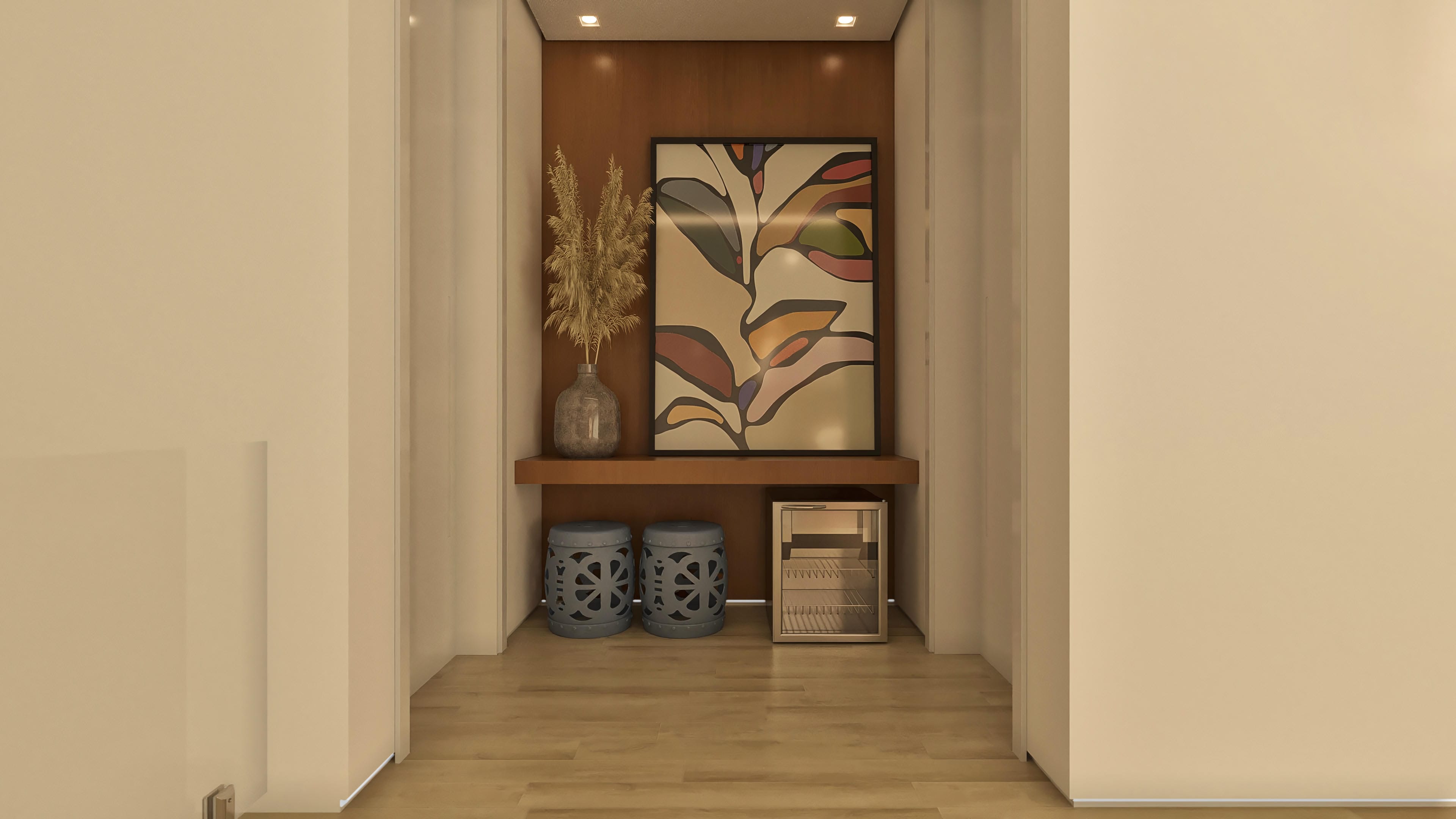 Decorative detail in a luxury property entrance hall with a wooden shelf, vase with dried foliage, colorful abstract paintings, and decorative stools.
