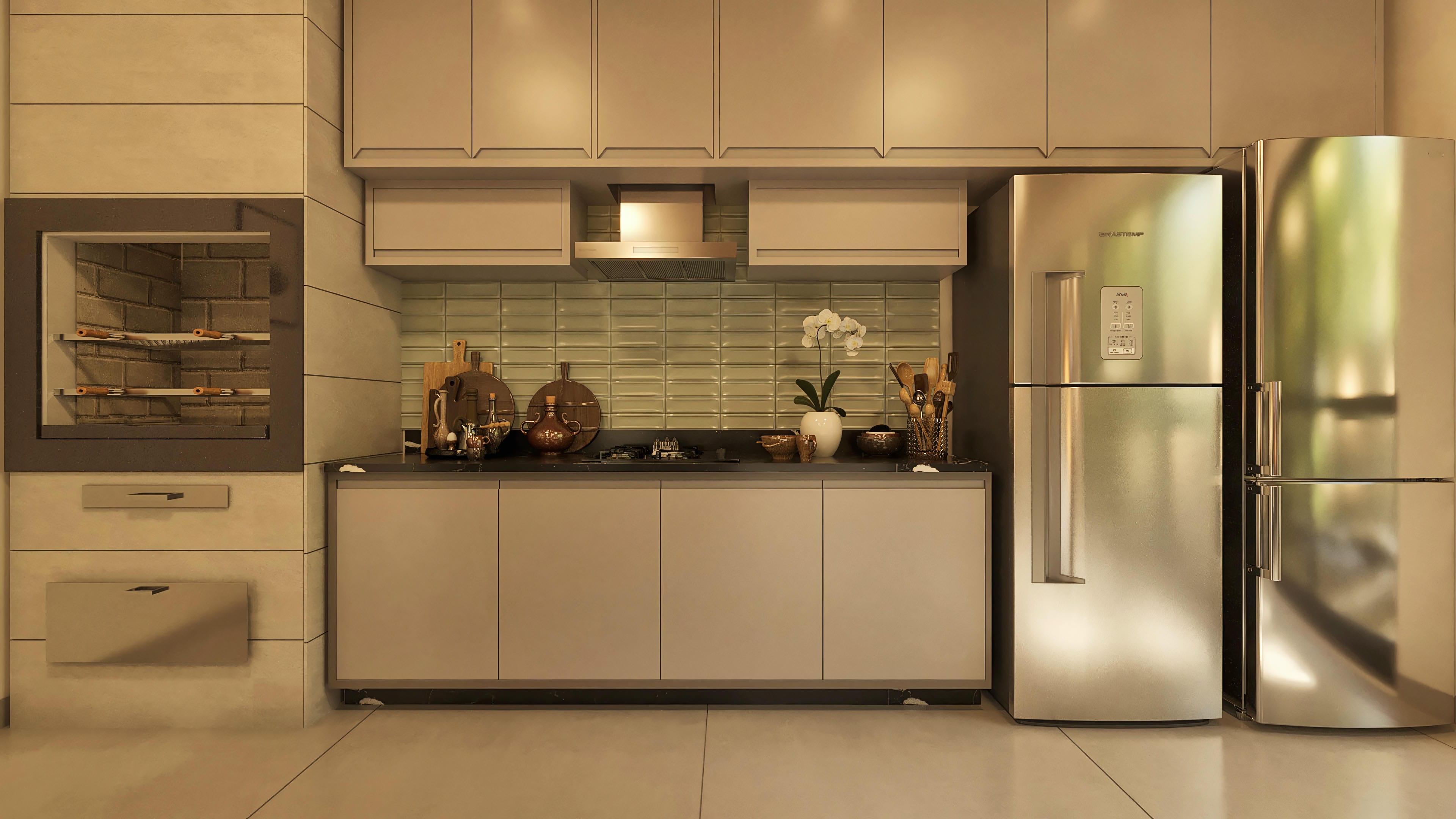Kitchen with integrated gourmet area, featuring a brick grill, custom cabinets in a neutral tone, dark granite countertop, and stainless steel appliances.