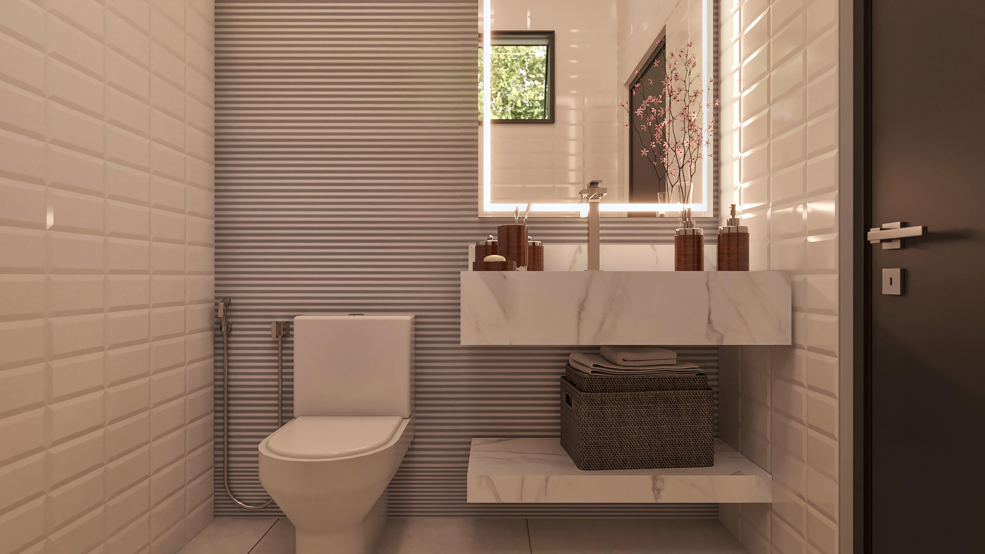 Modern bathroom with beige 3D tiles, marble sink, illuminated mirror, and dark wooden door.
