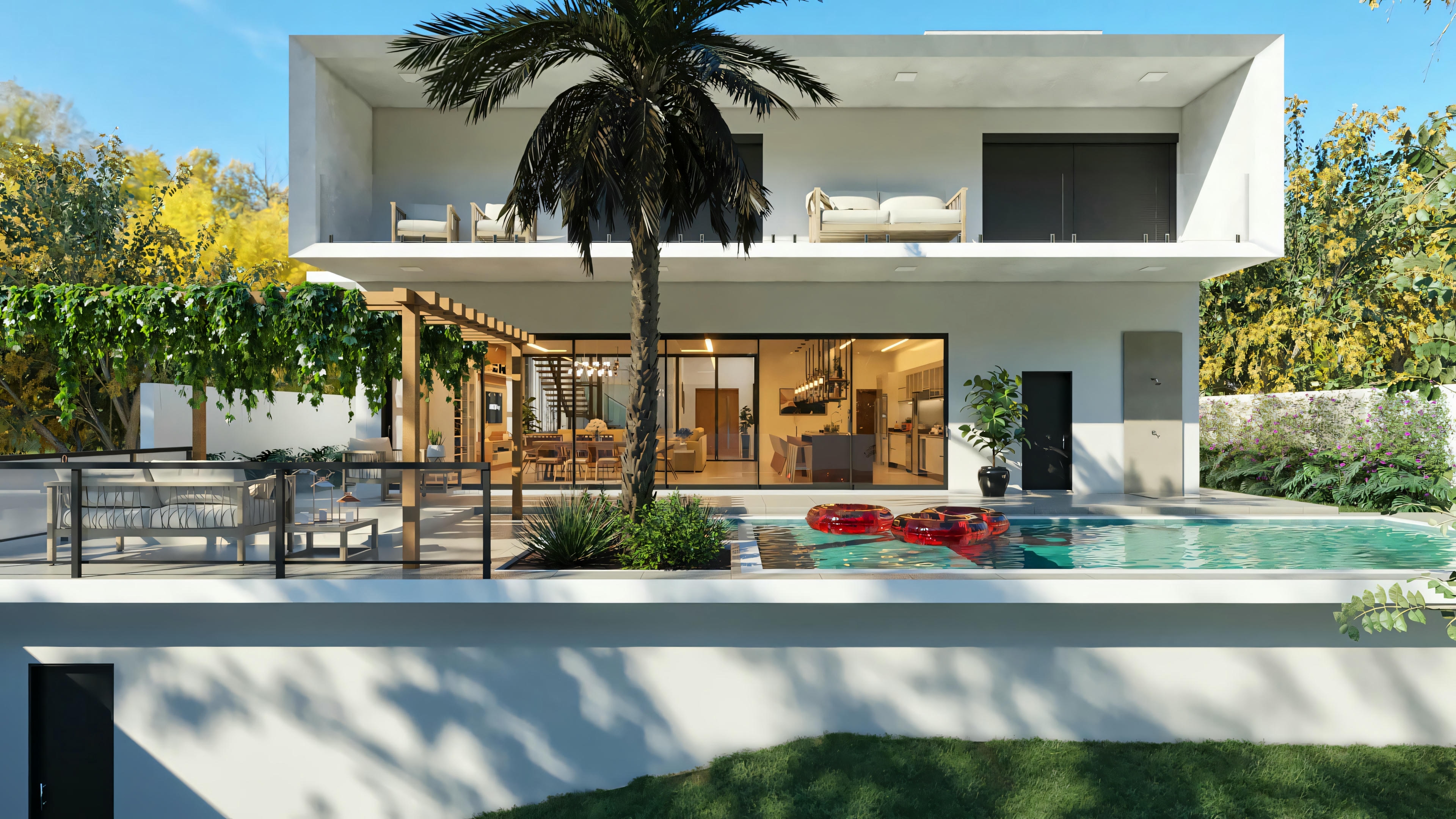 Vista geral da fachada posterior em projeto de casa moderna com 4 suítes. Mostra a piscina, deck, área de lounge com pergolado, varanda superior e integração com interior. Arquitetura imponente de 555.9m² com área gourmet e 3 garagens em terreno 20x35.