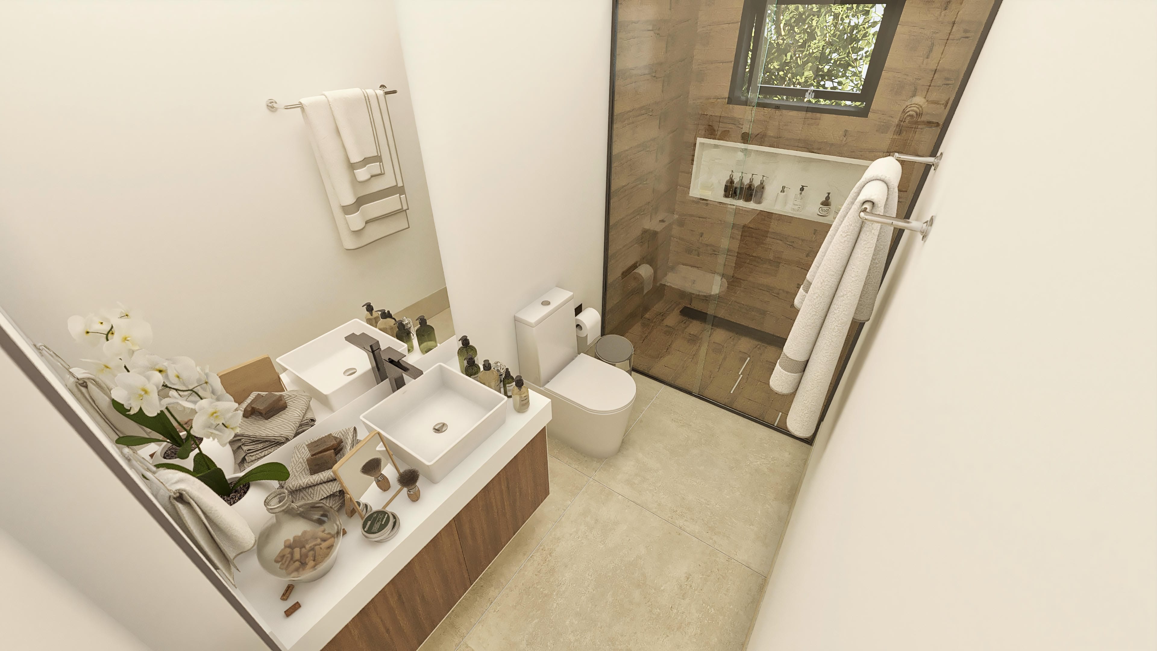 Detalle de baño lujoso con encimera de madera, dos lavabos blancos y metales negros, espejo, y mampara con revestimiento amaderado.