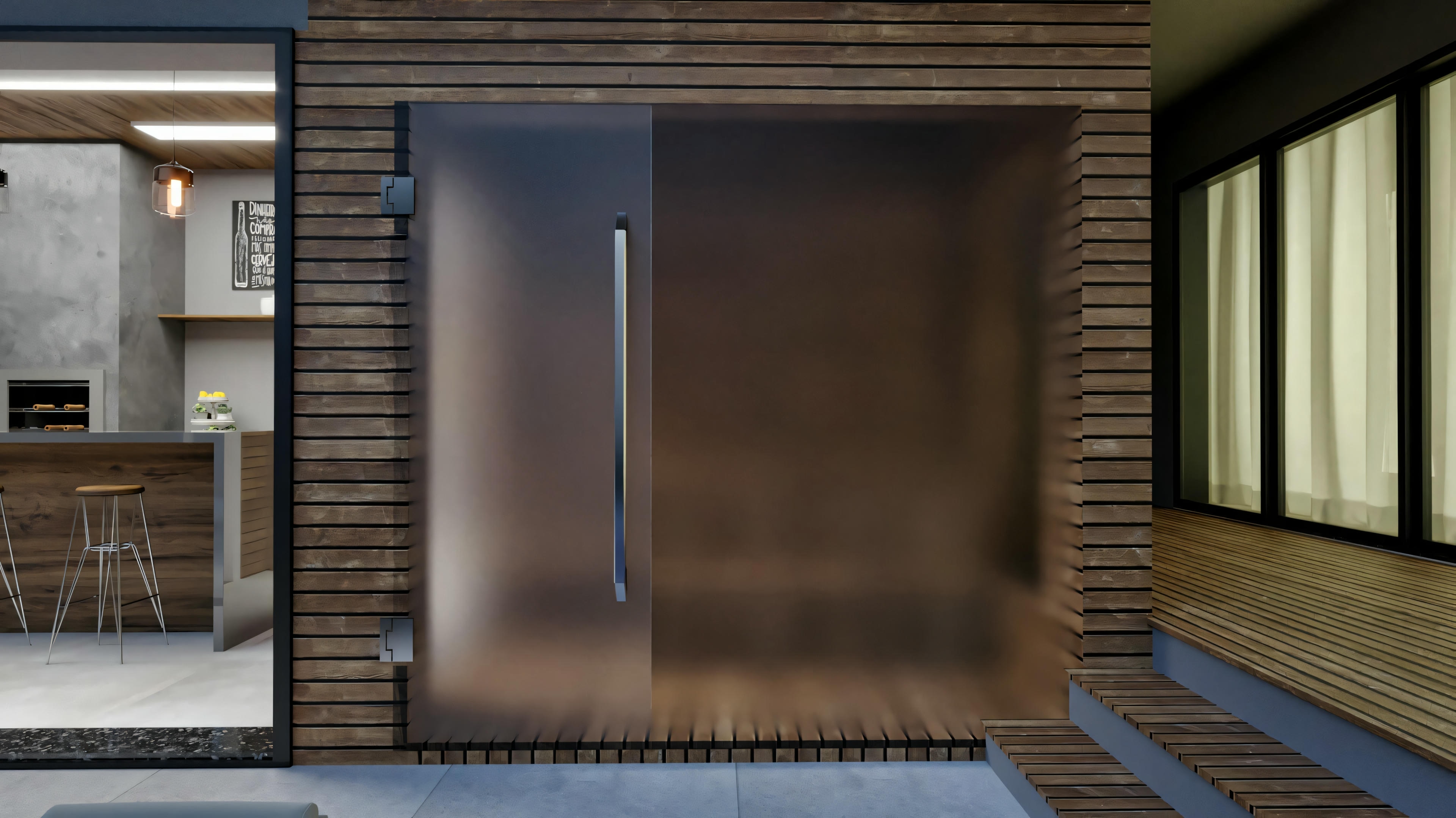 Puerta de vidrio mate con tirador vertical en acero inoxidable, instalada en vano con revestimiento de panel listonado de madera. Detalle constructivo del área de ocio de casa moderna con 4 suites (316.98m²), conectando al área gourmet y terraza de la terraza.
