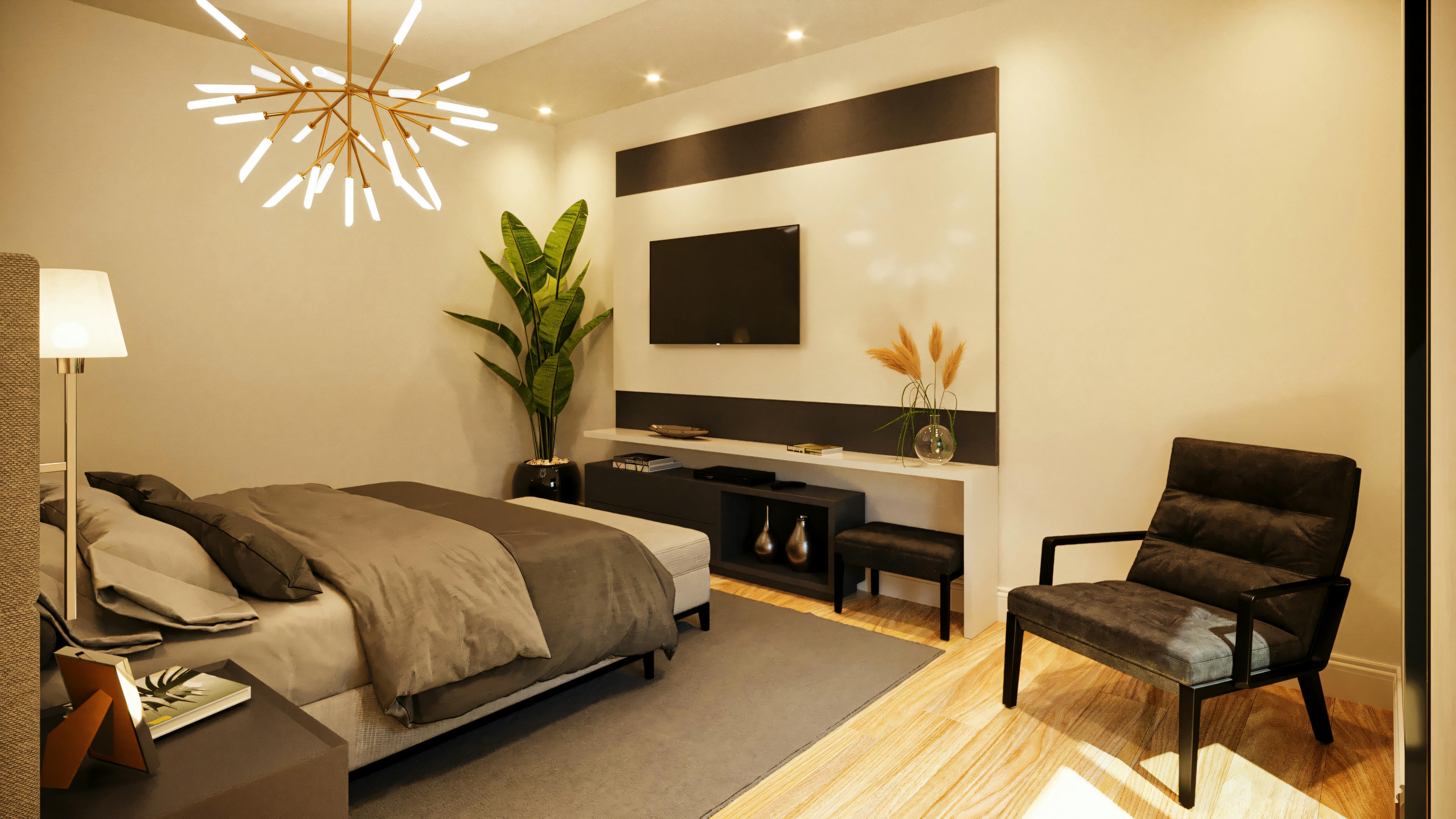 Suite principal elegantemente decorada en casa de planta baja con 3 suites, con cama de matrimonio, panel de TV moderno, butaca, iluminación sofisticada y piso de madera.