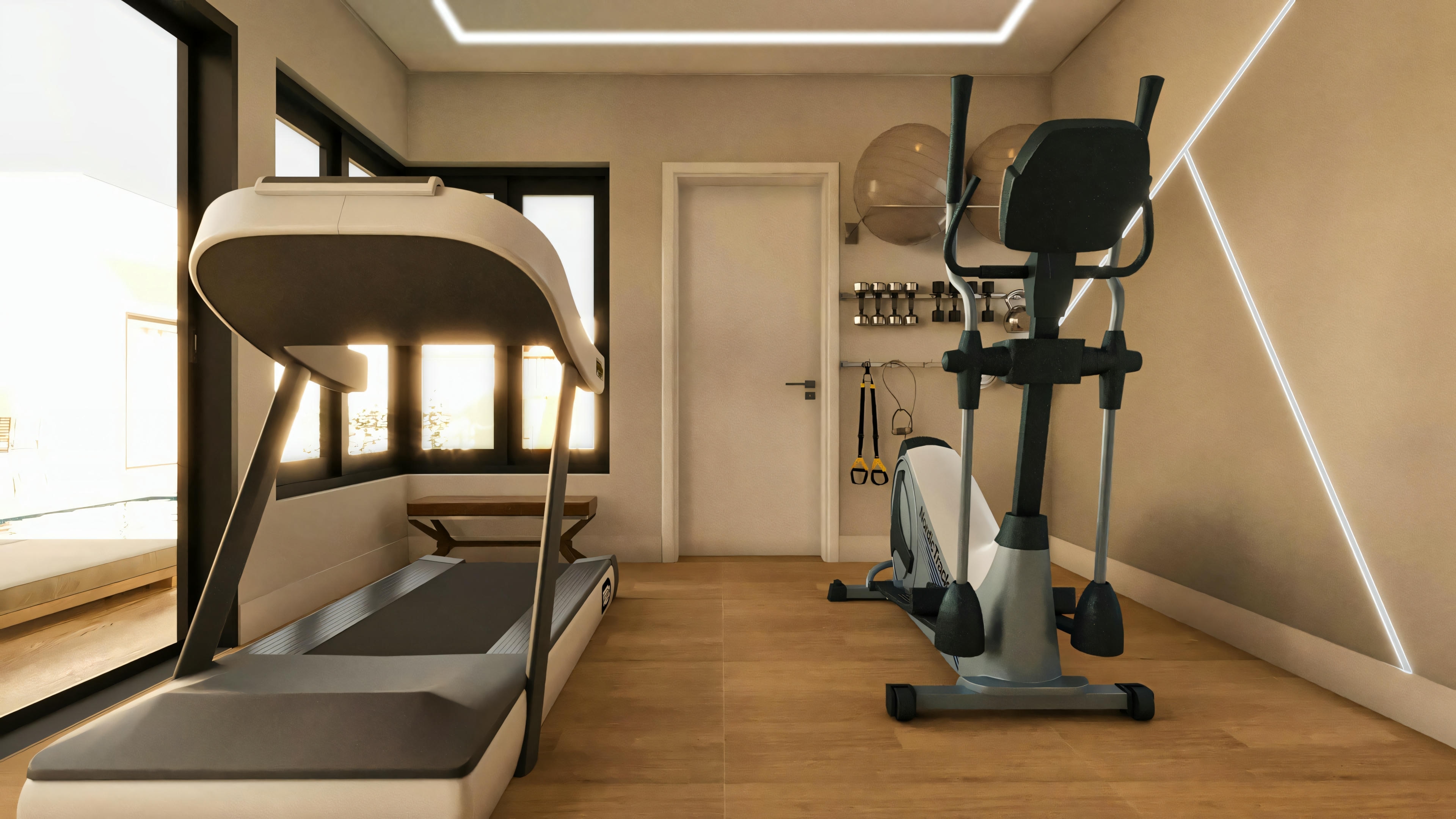 Espaço fitness em casa de luxo, com esteira ergométrica, transport elíptico, suporte de parede para pesos e acessórios, piso de madeira e iluminação embutida.