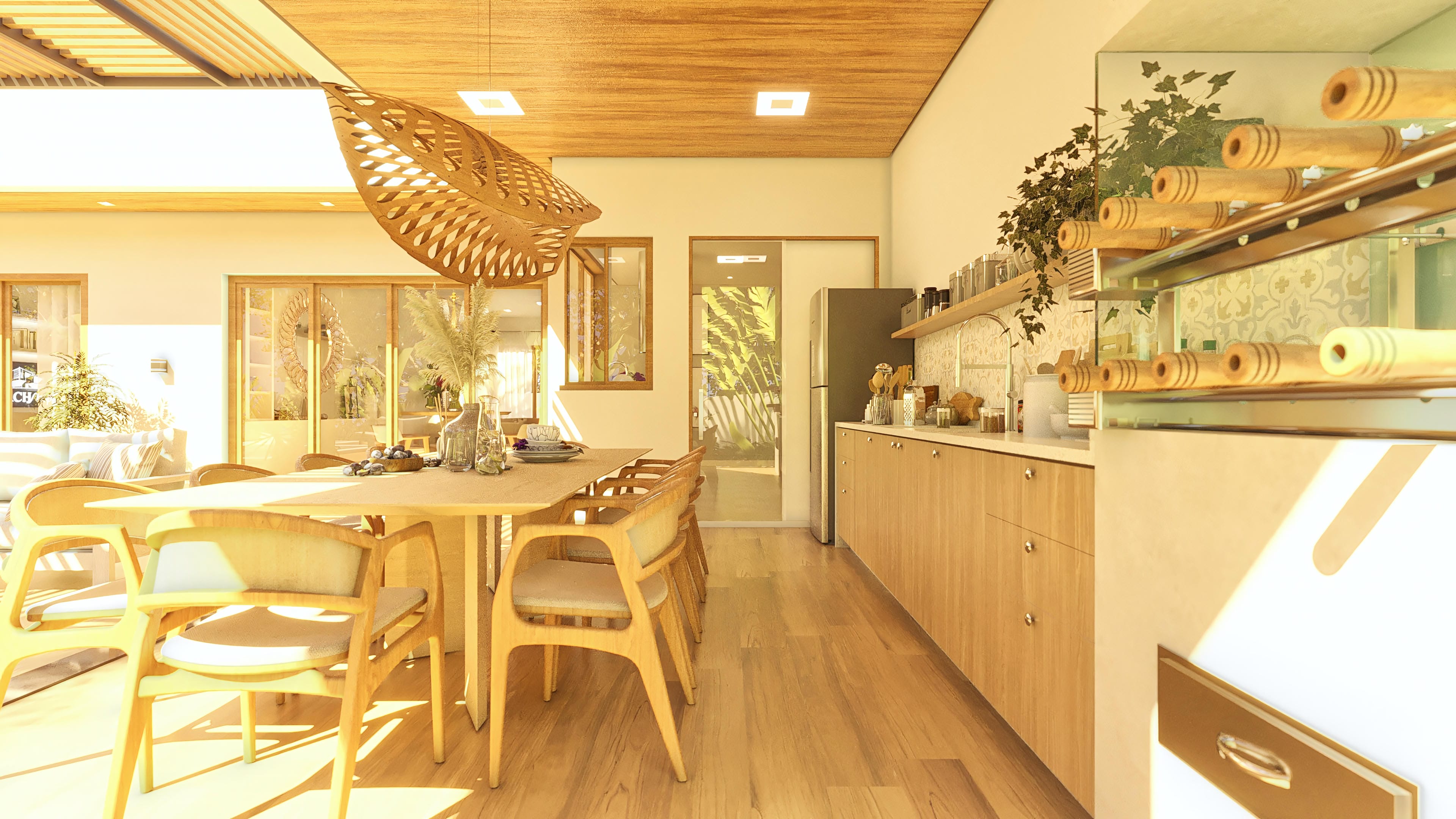 Ambiente interno de casa de una planta moderna con comedor y cocina integrada. Detalles de madera, iluminación natural y elementos decorativos.