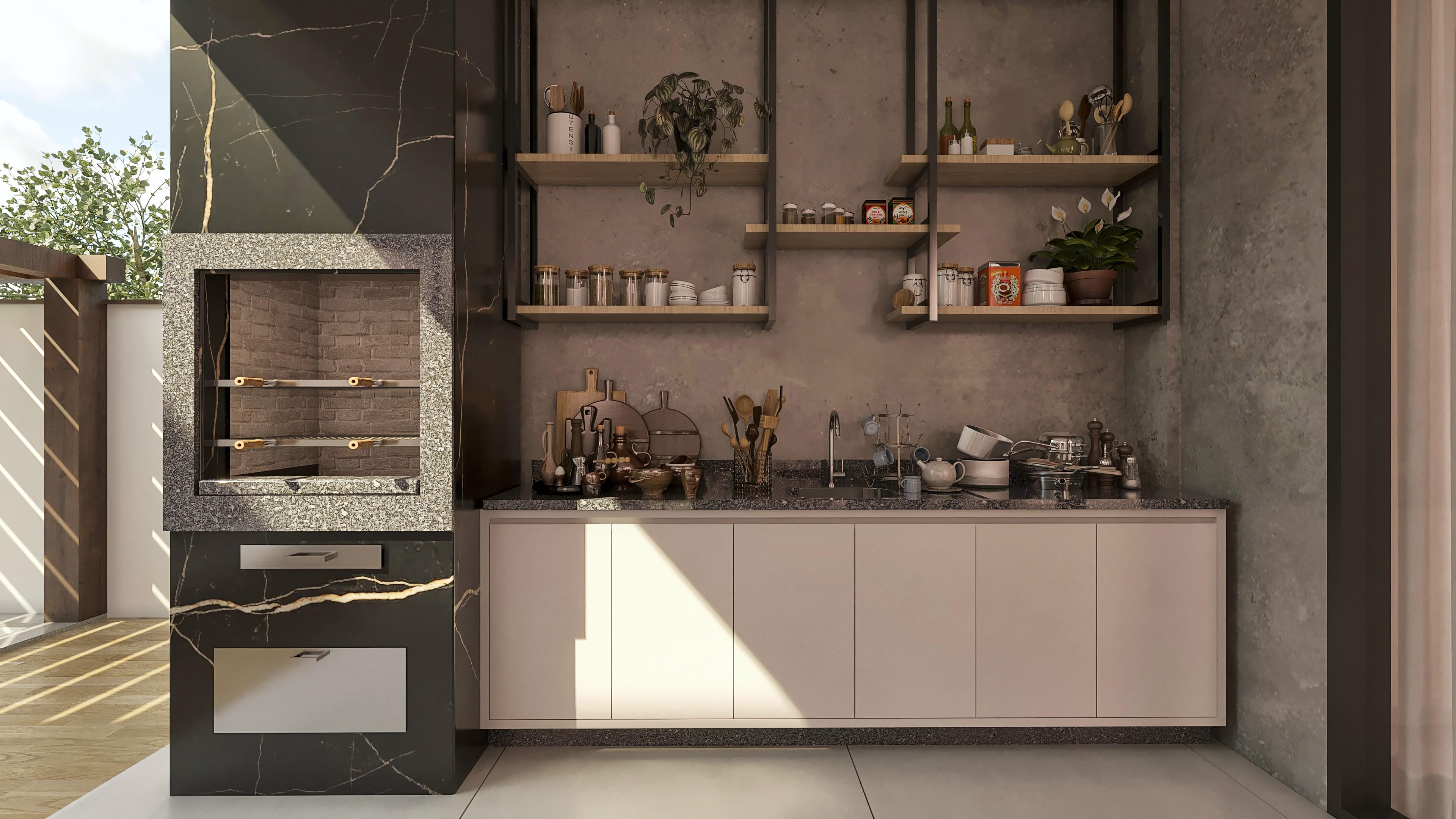 Detalle del área gourmet con barbacoa en ladrillo visto, revestimiento texturizado y armarios modernos, ideal para casa de dos plantas.
