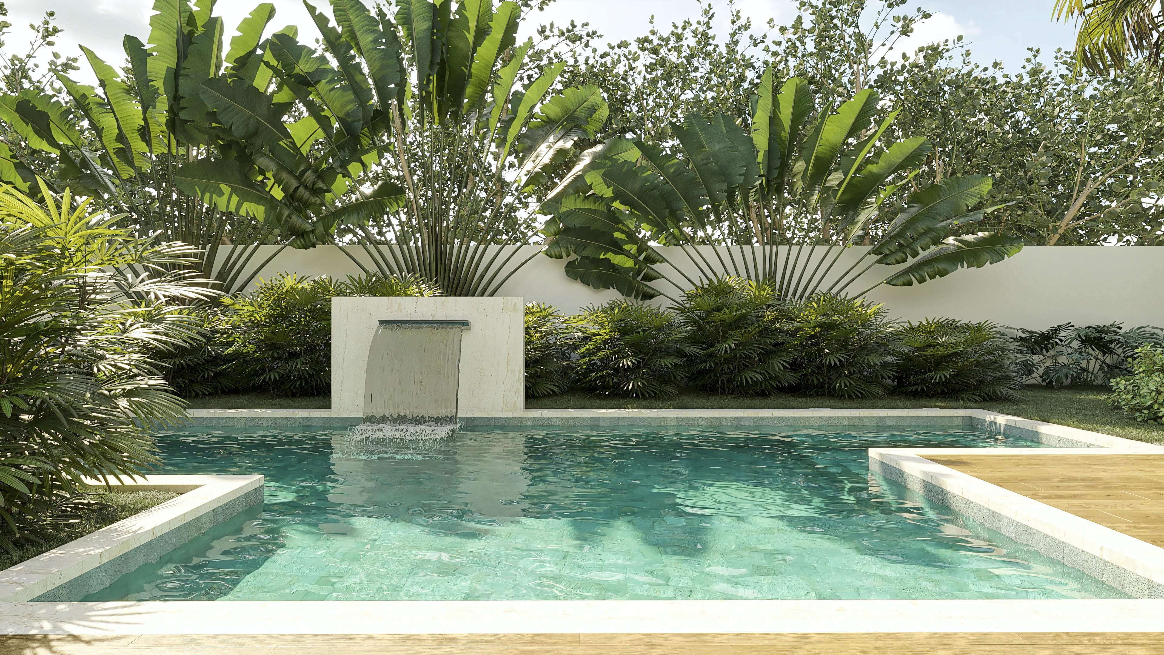 Área de ocio con piscina y cascada, rodeada de vegetación exuberante, ideal para una casa de dos plantas moderna con 4 suites.