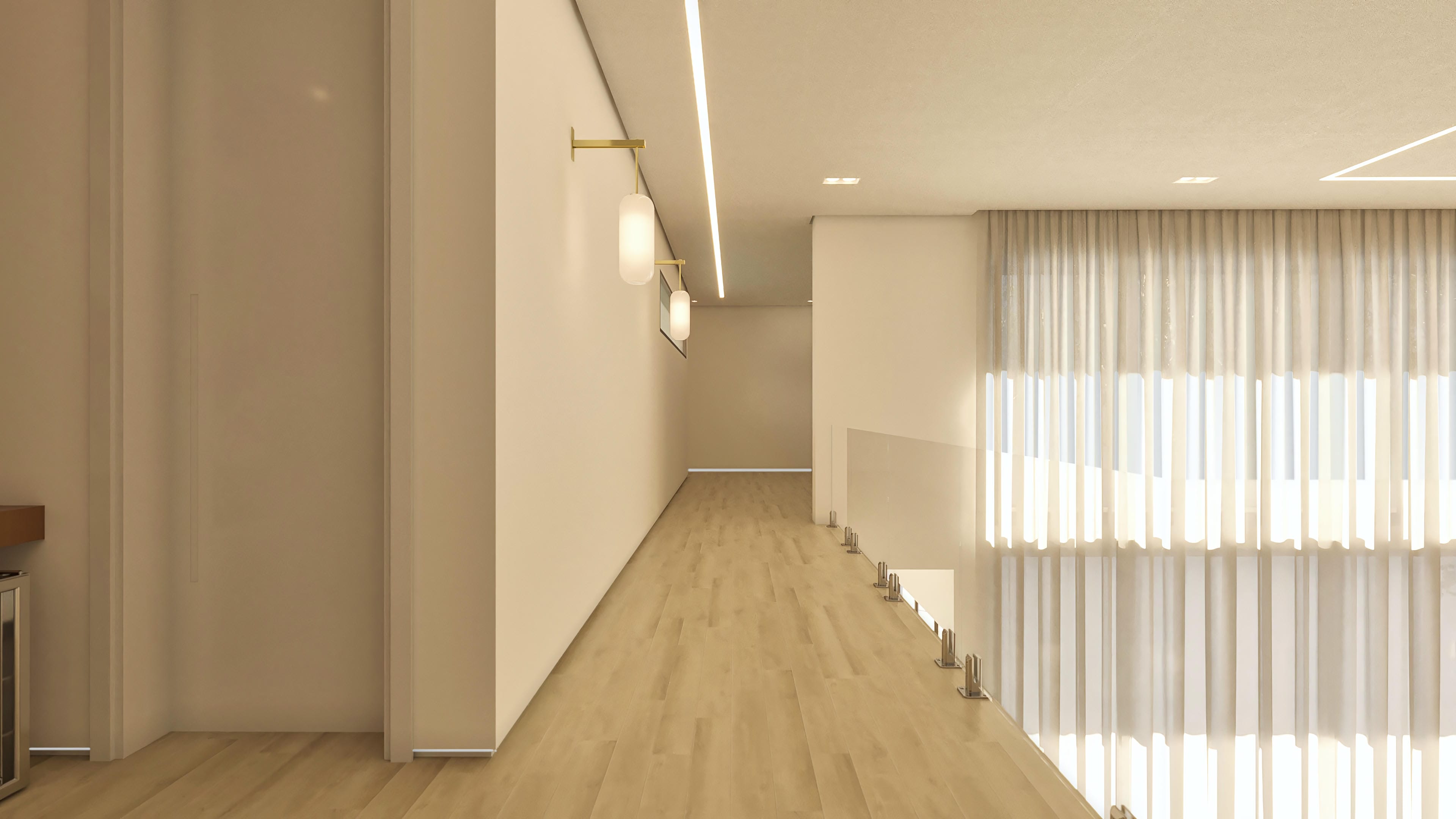 Internal corridor of a two-story house with light wood floor, neutral-toned walls, and recessed LED lighting. Glass railing with metal supports and translucent curtains.