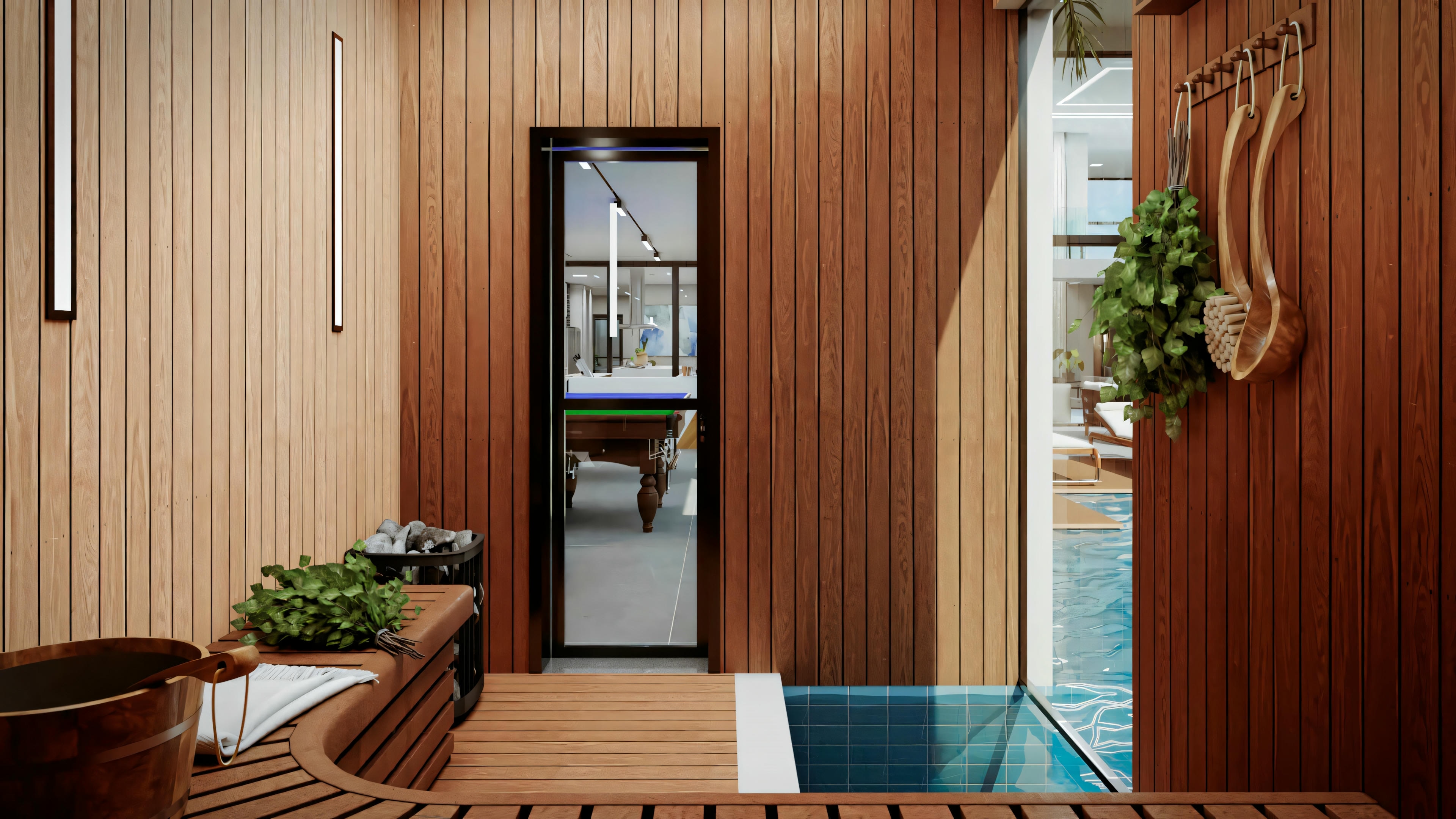Ducha externa en anexo de casa de lujo, con pared en revestimiento texturizado, puerta y ventana de madera, localizada en medio al paisajismo y próxima al área de piscina.