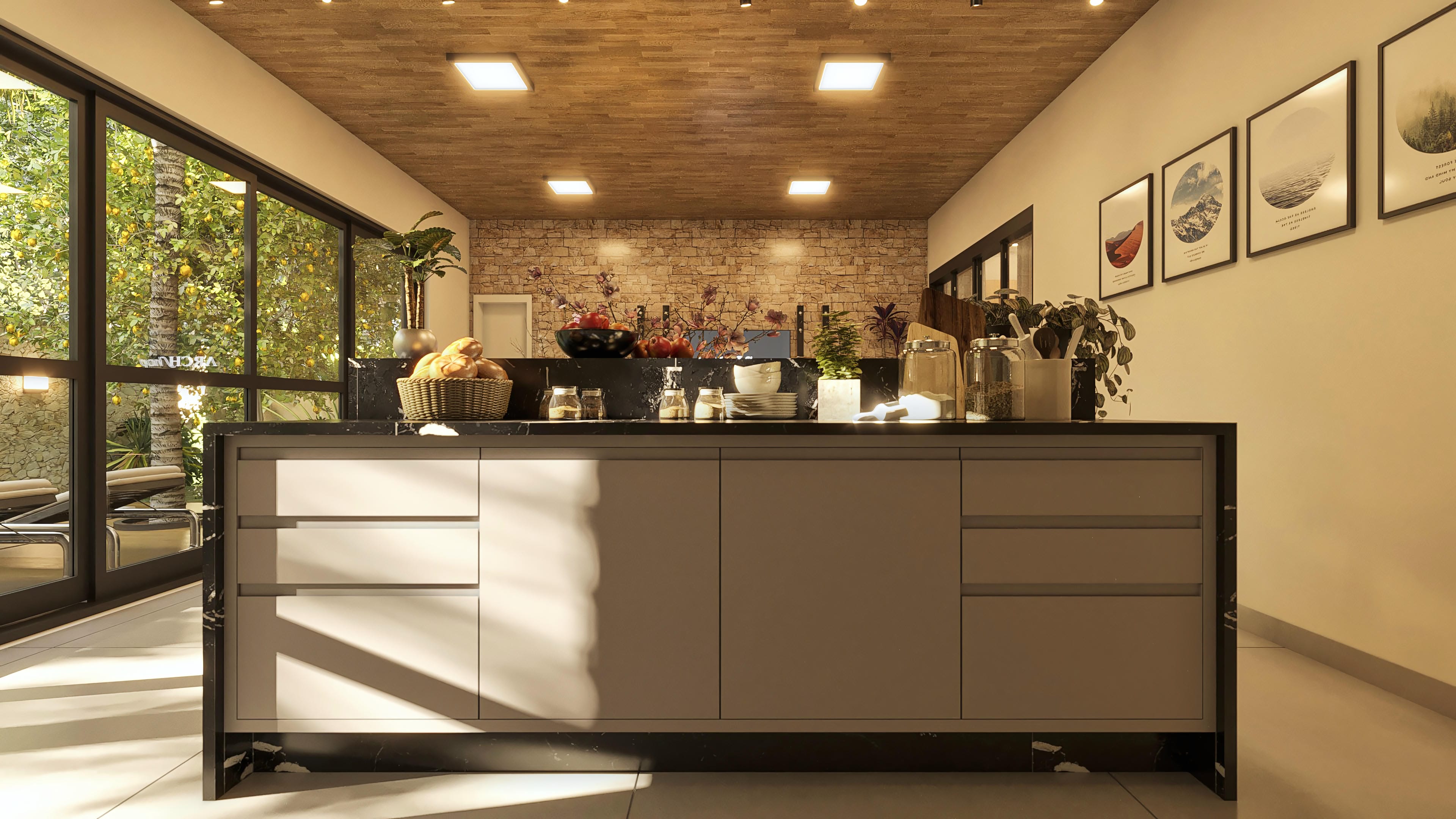 Modern kitchen island with dark marble countertop, grayish cabinets, and panoramic view of a lush and illuminated garden.