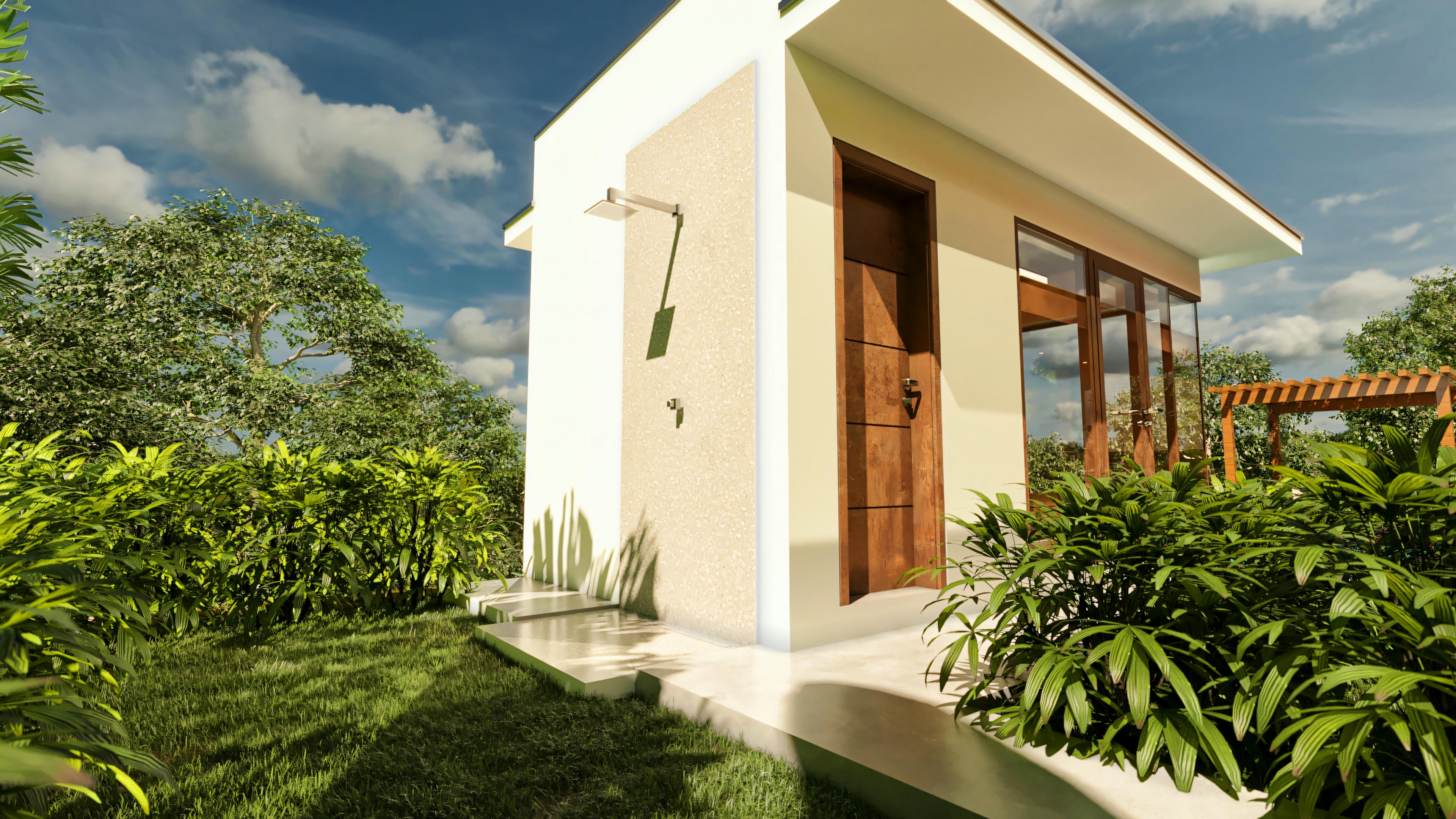 Outdoor shower in an annex of a luxury house, with a textured wall, wooden door and window, located amidst landscaping and near the pool area.