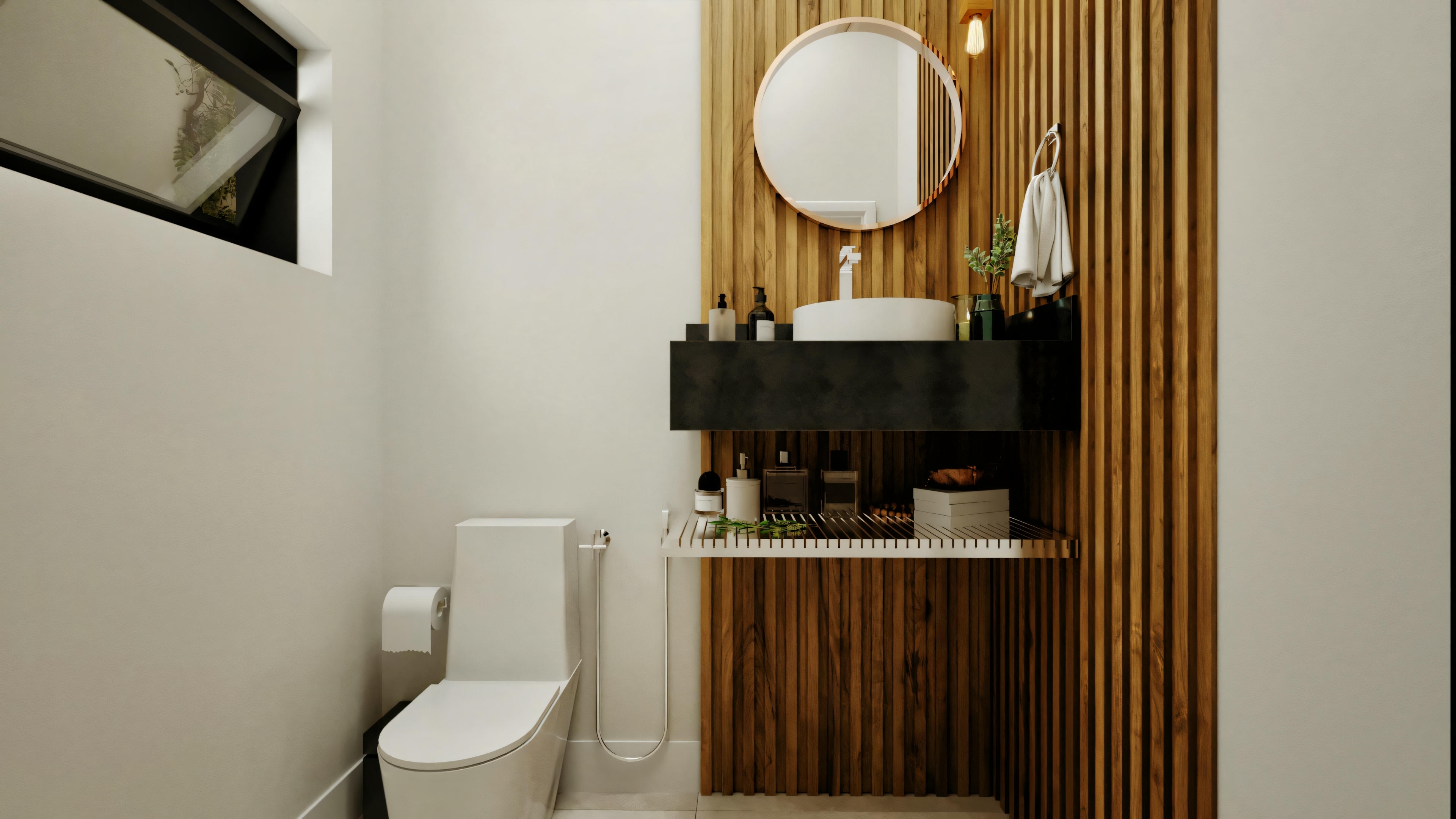 Modern powder room with a feature wall of slatted wood panel, dark suspended countertop with white overlay sink, round mirror, and toilet. Interior design project of a 4-suite house with 316.98m².
