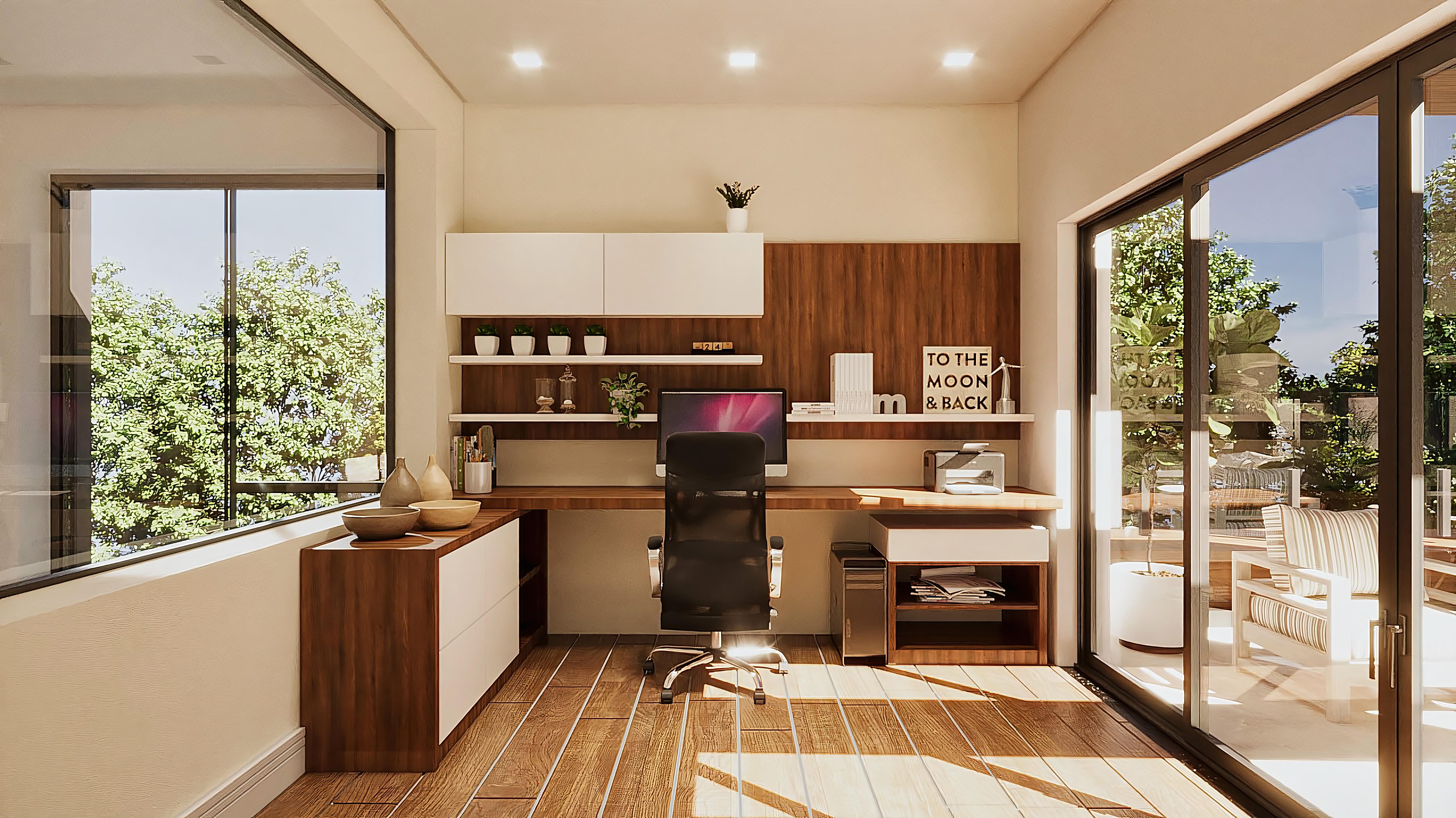 Ambiente de oficina moderno y elegante con amplia ventana, piso de madera y mobiliario funcional.