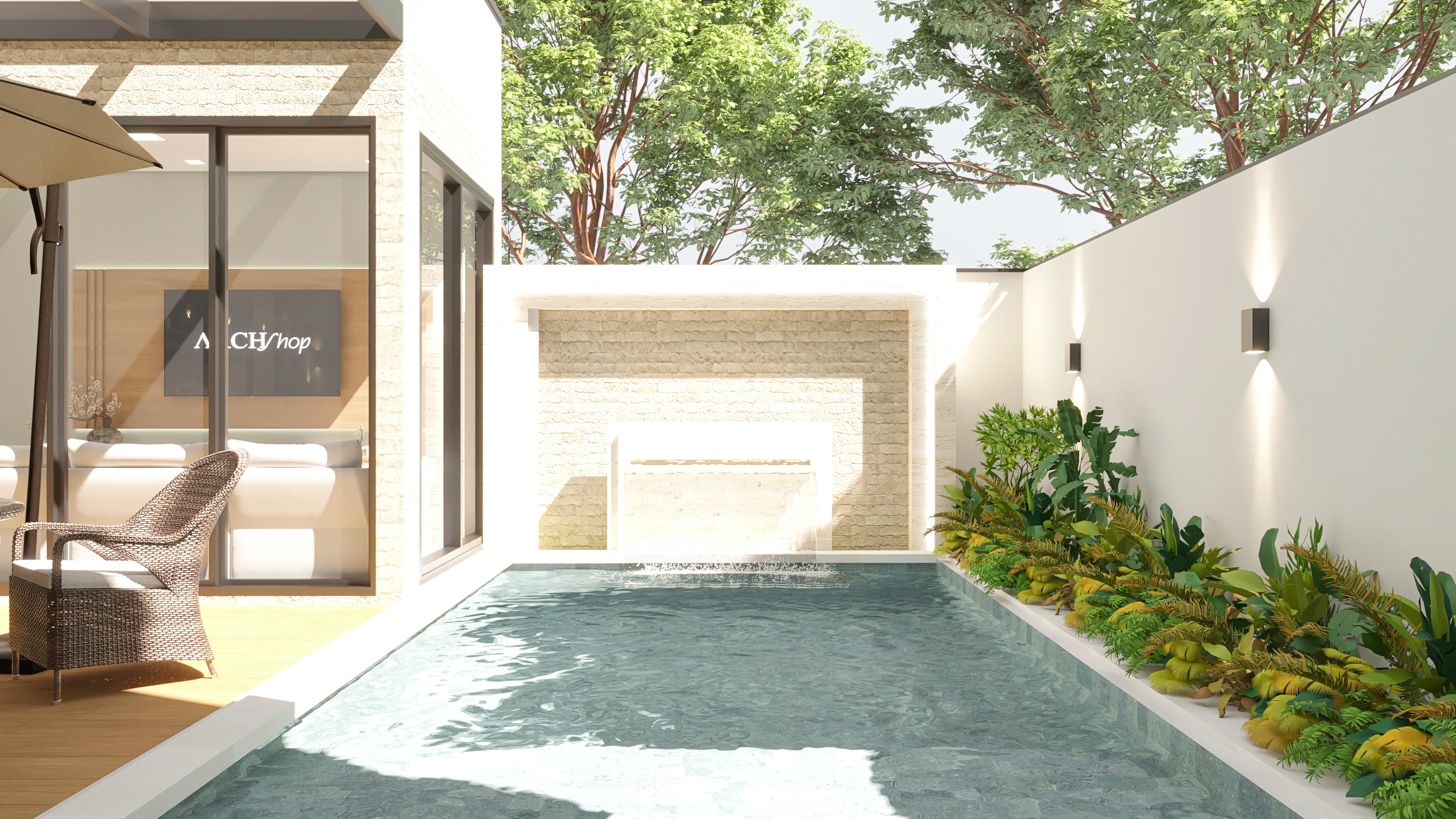 Vista externa de um sobrado moderno com piscina e área gourmet. Fachada com revestimento em pedra, grandes janelas e piscina integrada ao paisagismo.