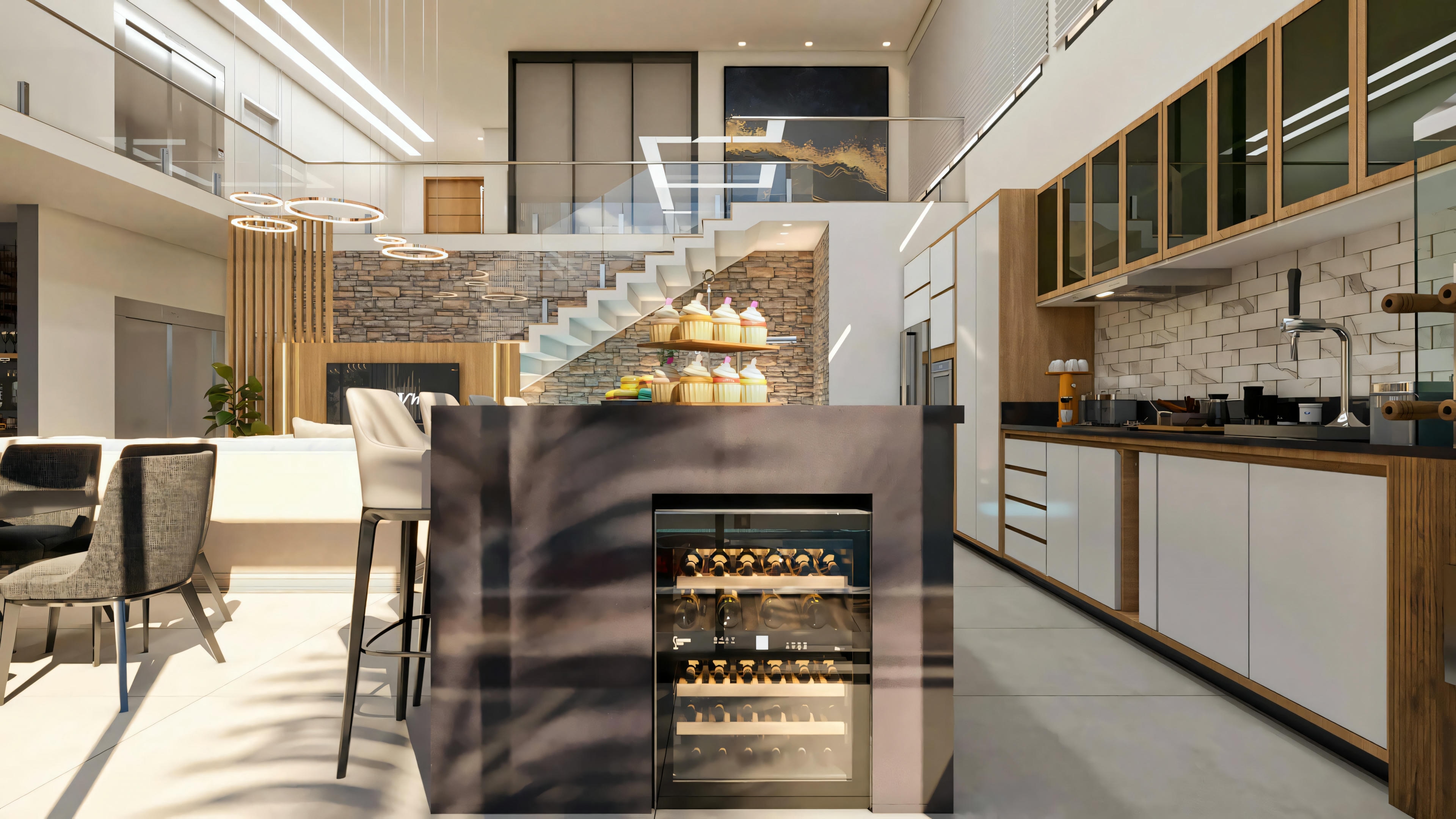 Ampla área gourmet integrada à cozinha e sala de estar com pé-direito duplo, parte do projeto pronto de 5 suítes, com ilha central, adega climatizada, armários modernos, e escada flutuante.