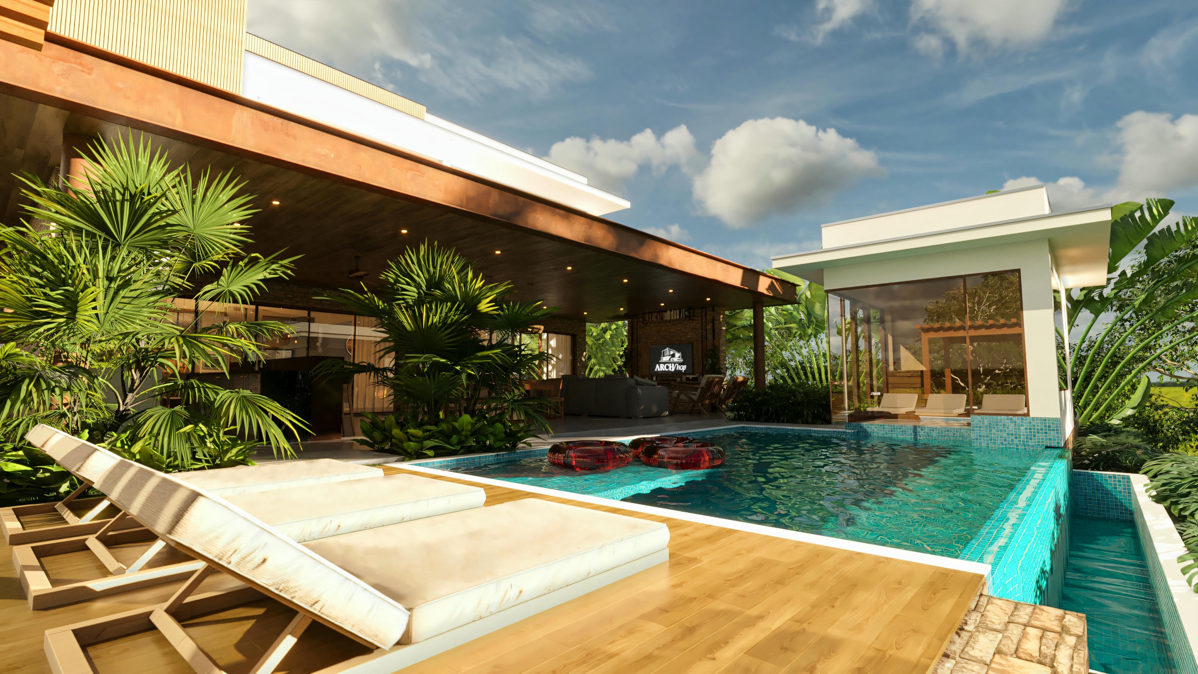 Área de lazer completa de casa de luxo com piscina, deck de madeira com espreguiçadeiras, edícula envidraçada de apoio (sauna/vestiário) e ao fundo a varanda gourmet coberta, rodeada por paisagismo.