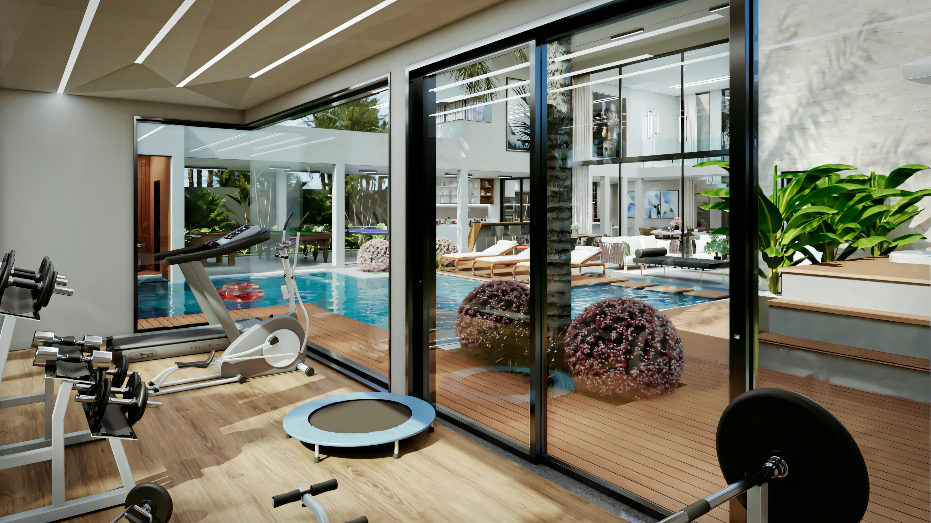 Área de ocio completa de casa de lujo con piscina, borde de madera con tumbonas, edícula acristalada de apoyo (sauna/vestuario) y al fondo la terraza gourmet cubierta, rodeada de paisajismo.