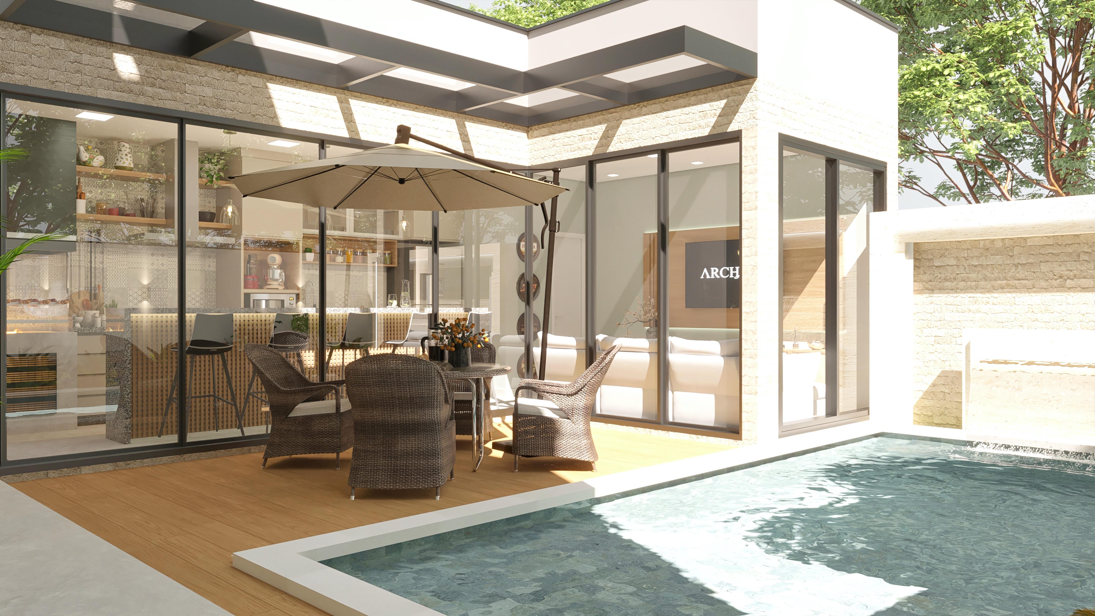 Vista externa de una casa de dos pisos moderna con fachada en ladrillos vistos claros y detalles en blanco, área gourmet con barbacoa y encimera, piscina con deck de madera y tumbonas.