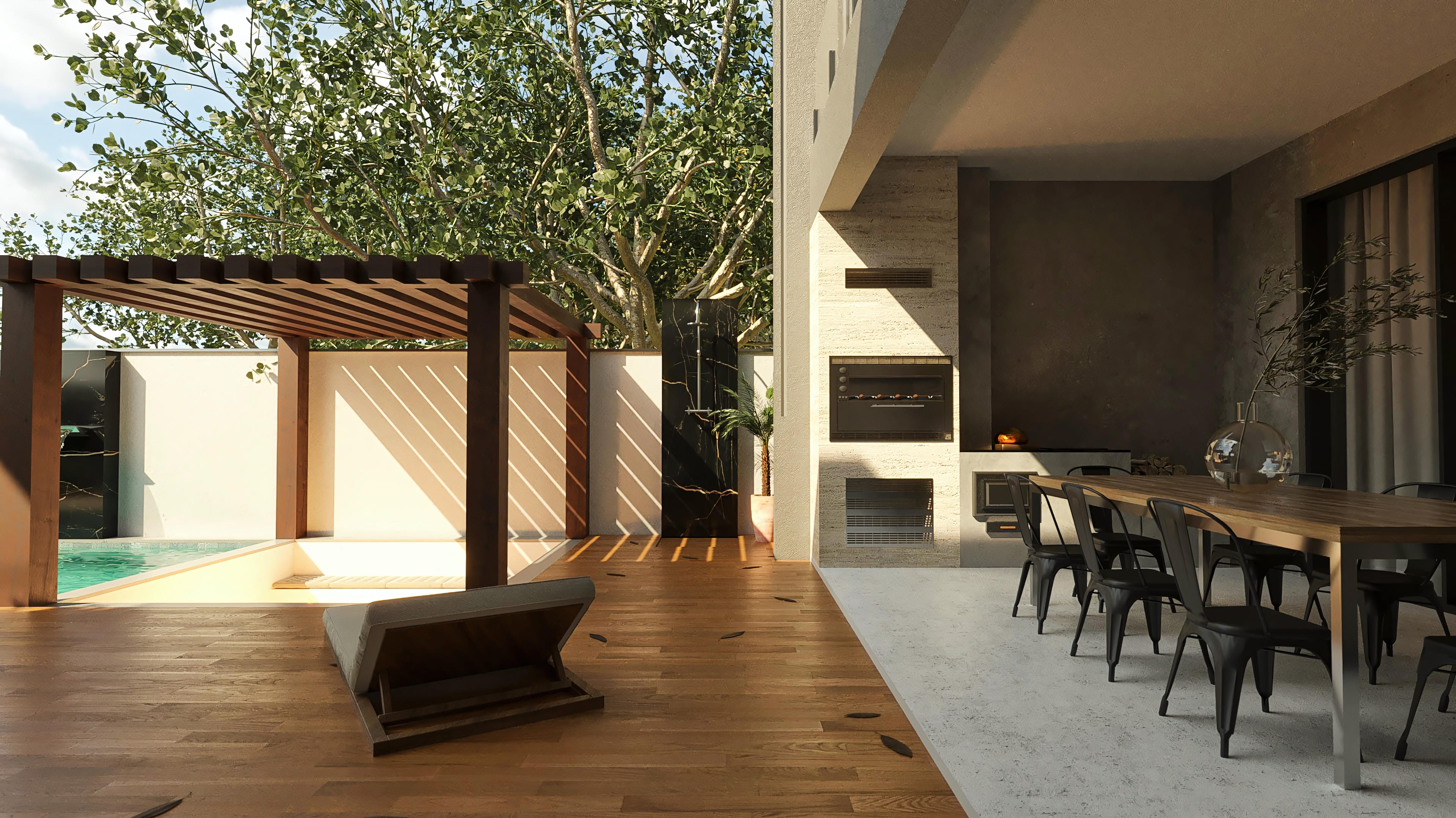 Vista exterior del área gourmet con piscina y pérgola, destacando la barbacoa moderna y el deck de madera en una casa con fachada contemporánea.