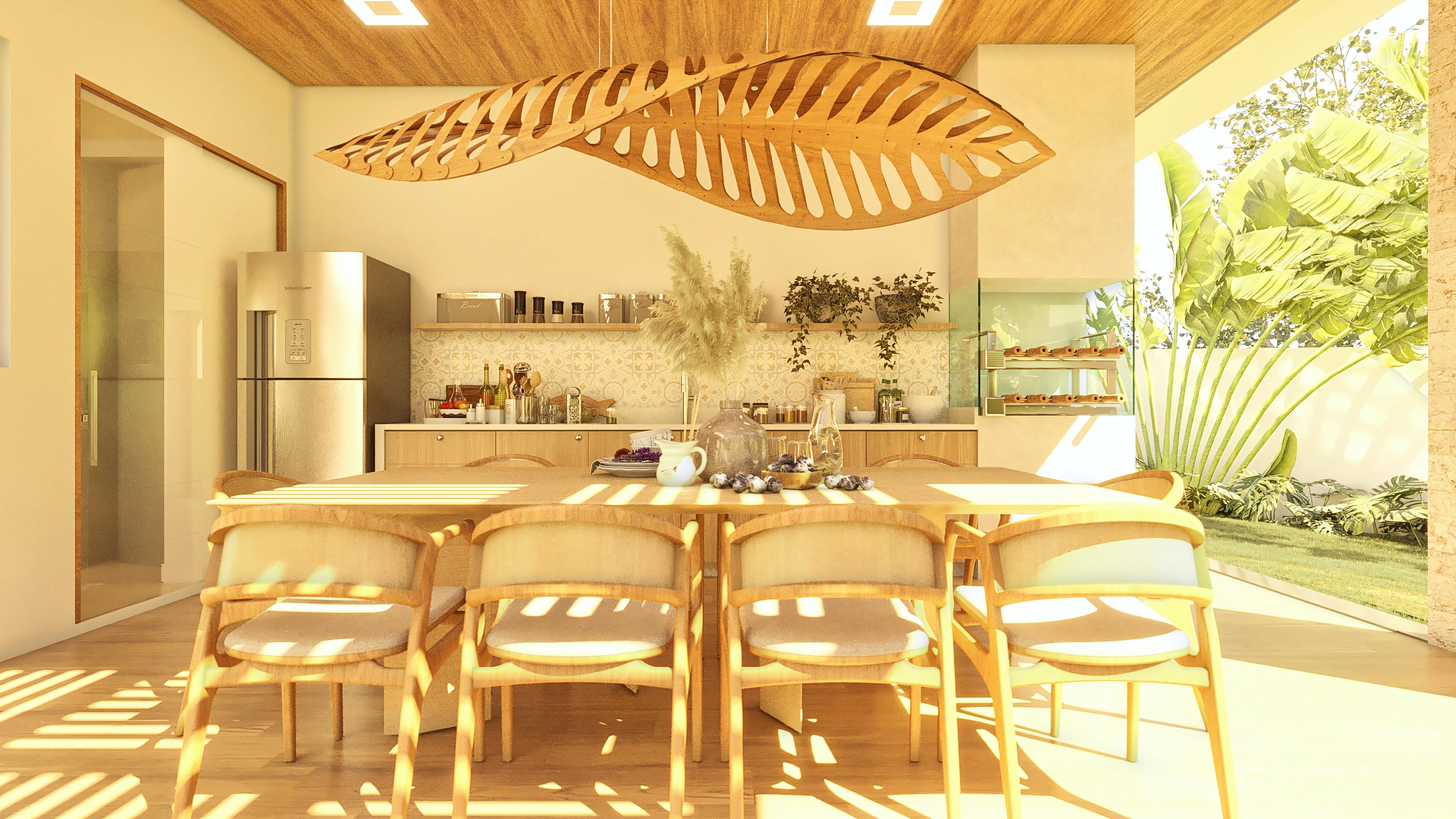 Modern interior with a light wood dining table and designer chairs, integrated kitchen with stainless steel appliances, and lush botanical decoration.