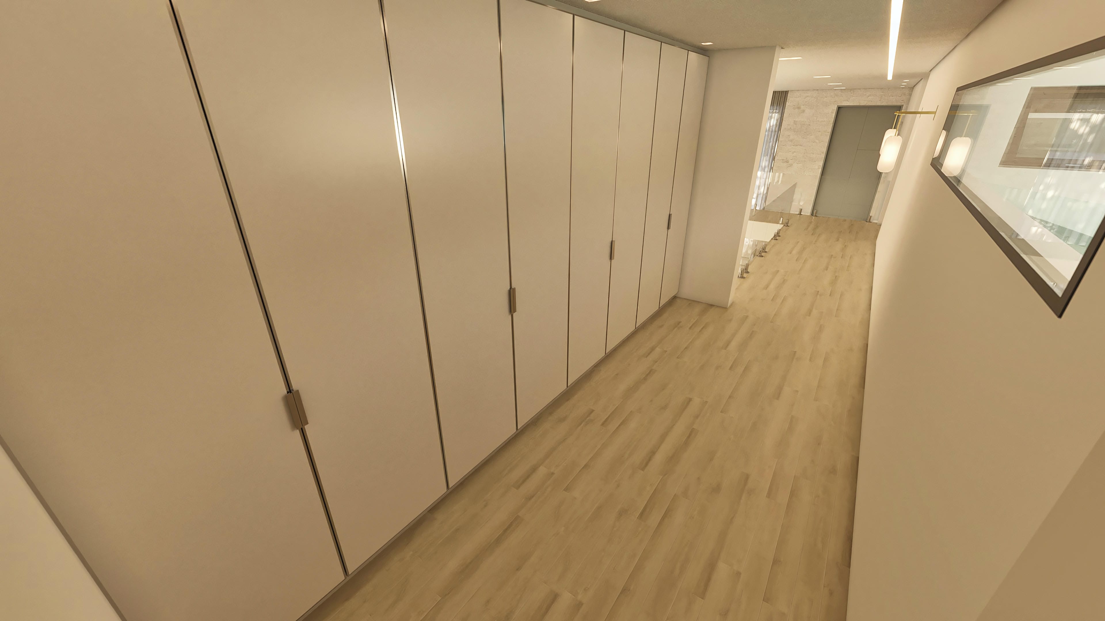 Corridor with light wood floor, neutral-toned walls, and a large custom closet with flush doors and discreet pulls. LED lighting highlights the room.