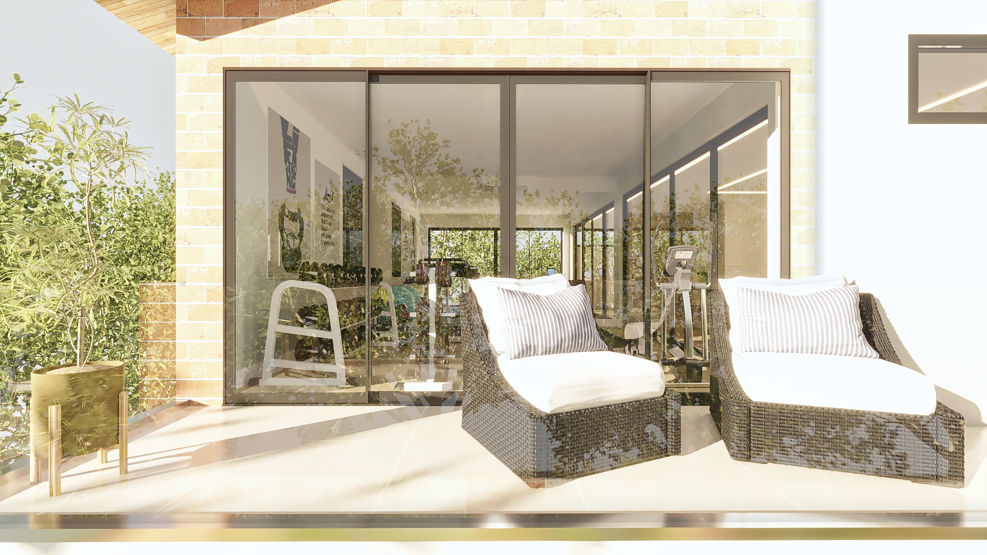 Modern facade of a two-story house with exposed roof, large gourmet space with pool, and 2 suites. The project integrates internal and external areas with large windows and high-end finishes.