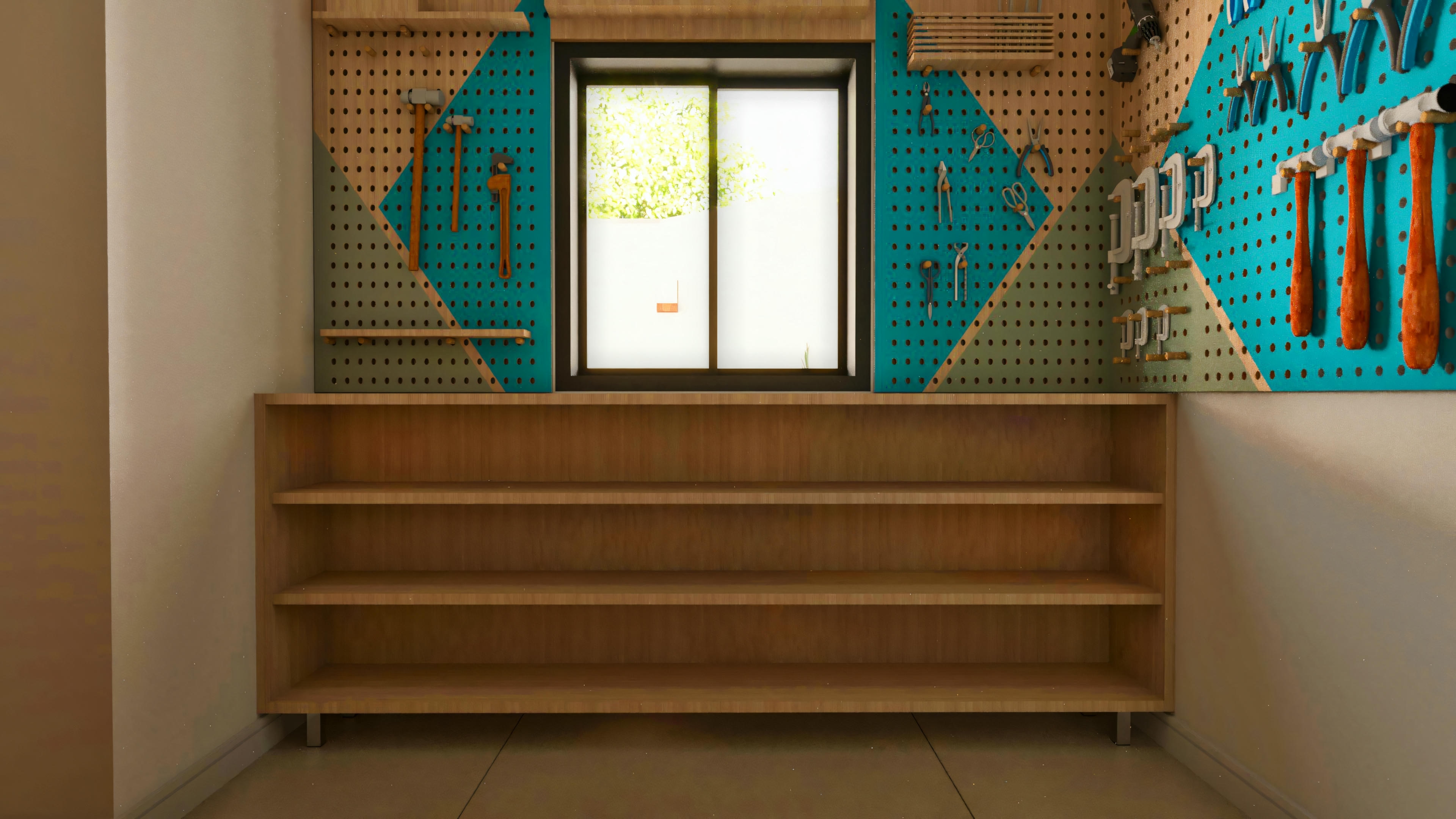 Ambiente de oficina u taller con paredes de panel perforado para organización de herramientas, estantes de madera y ventana. Este espacio funcional forma parte de un proyecto de casa con 4 suites, piscina y quincho en terreno de 20x25, con 394.84m².