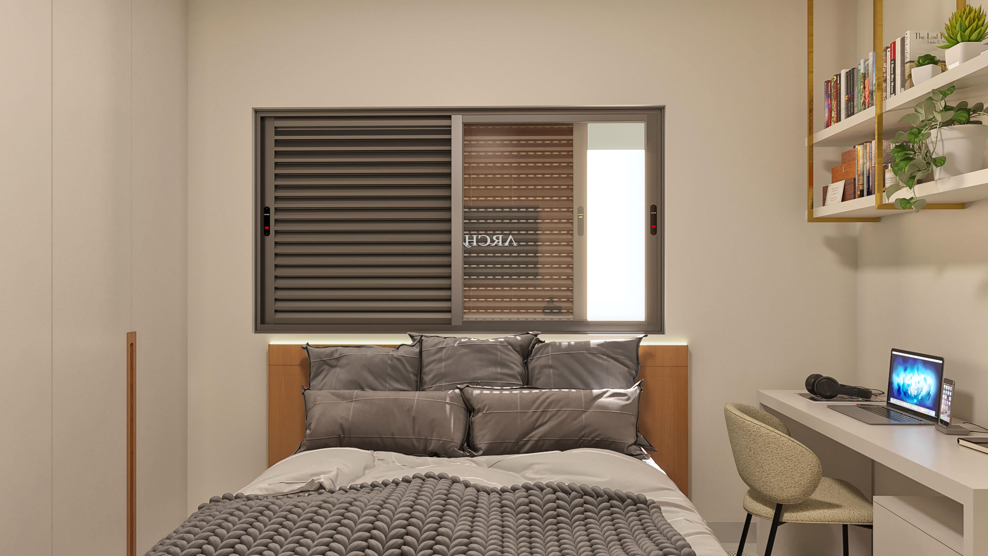 Interior de quarto com cama de casal e mesa de escritório integrada, apresentando detalhes modernos e acabamentos de qualidade.