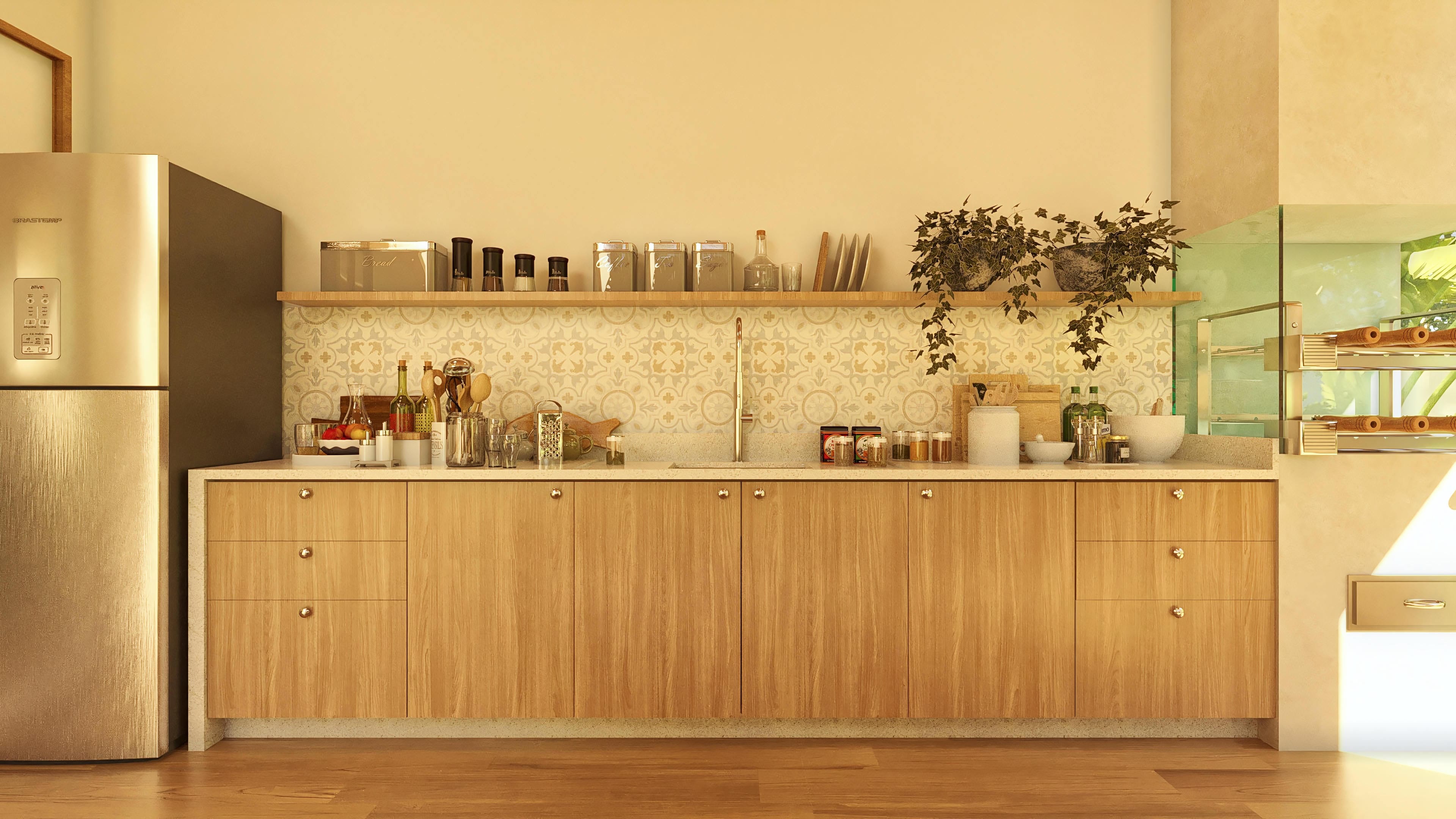 Barra de cocina con armarios de madera clara, detalles de piedra y azulejo decorativo. Incluye refrigerador de acero inoxidable y utensilios.