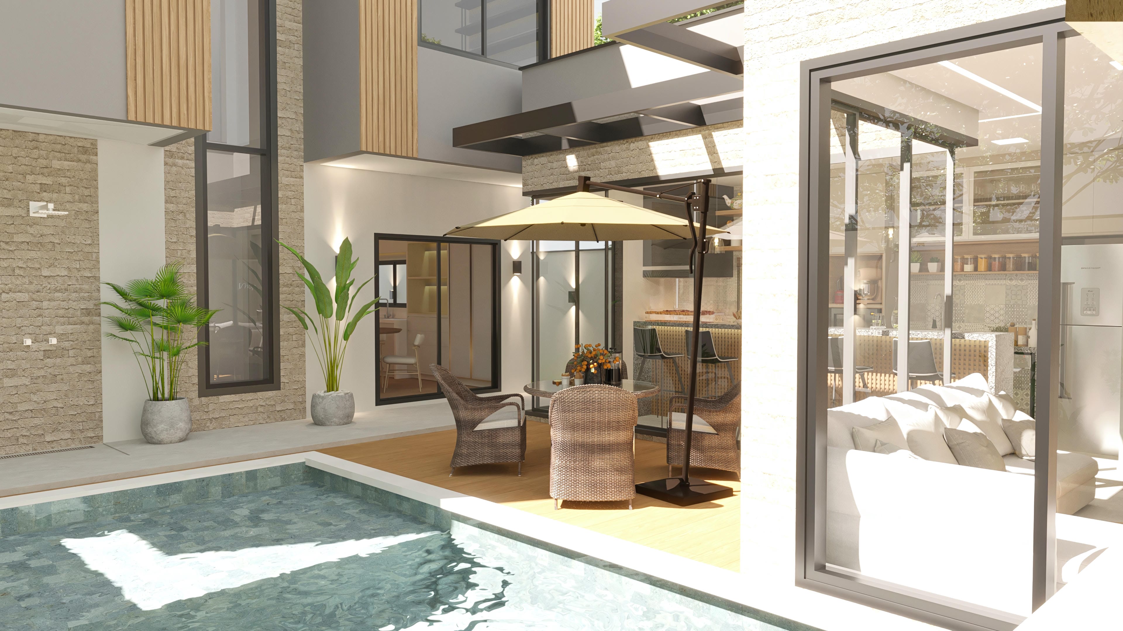 Área de ocio completa con piscina y espacio gourmet, integrando modernidad y confort. Detalles en madera y piedra en la fachada.