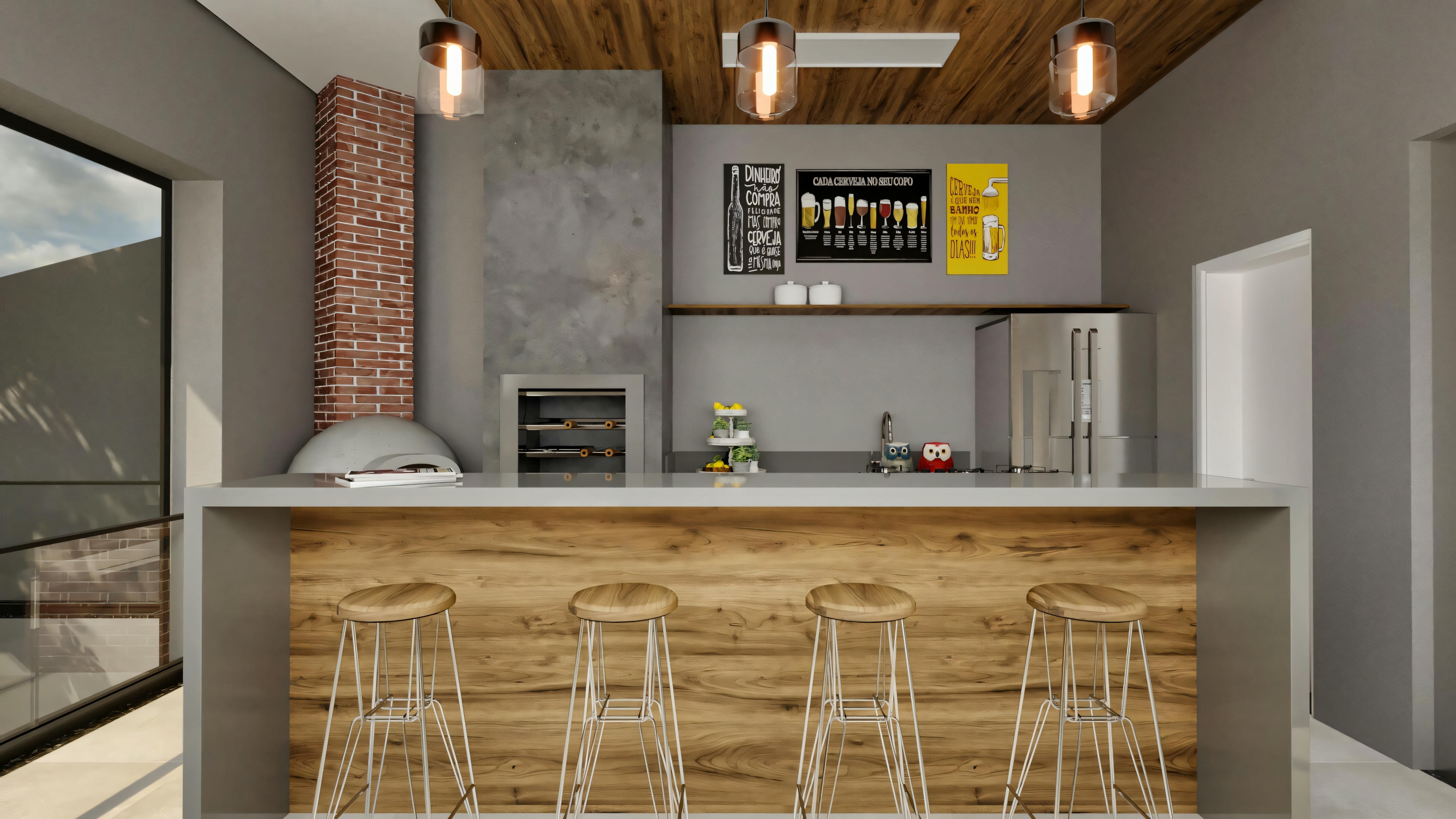 Front view of the complete gourmet area in a modern 4-suite house (316.98m²), equipped with countertop, bar stools, barbecue, pizza oven, sink, refrigerator, and cabinets, with a wood-clad ceiling.
