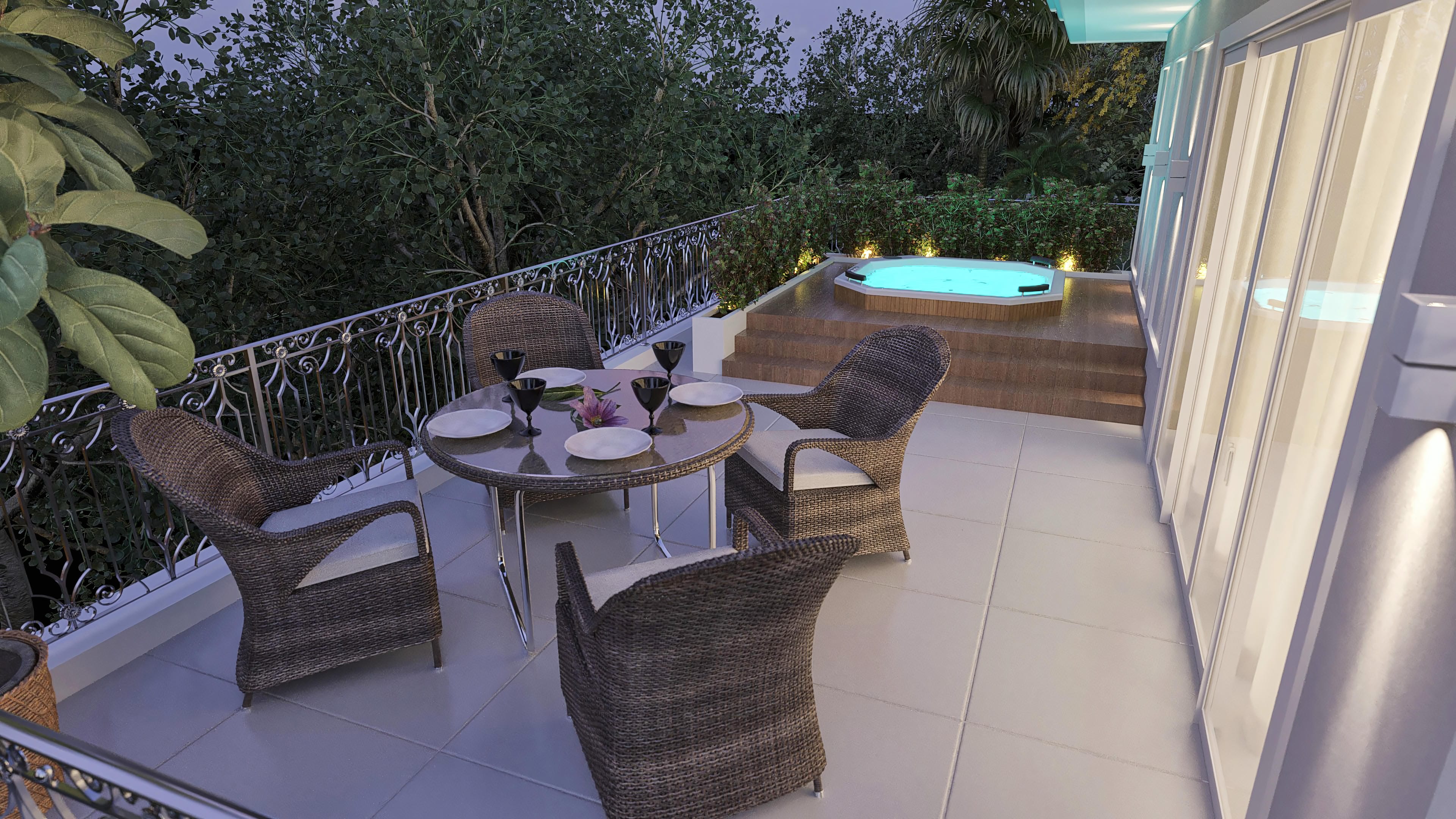 Balcony and leisure area of a neoclassical two-story house with an illuminated pool and outdoor lounge furniture.