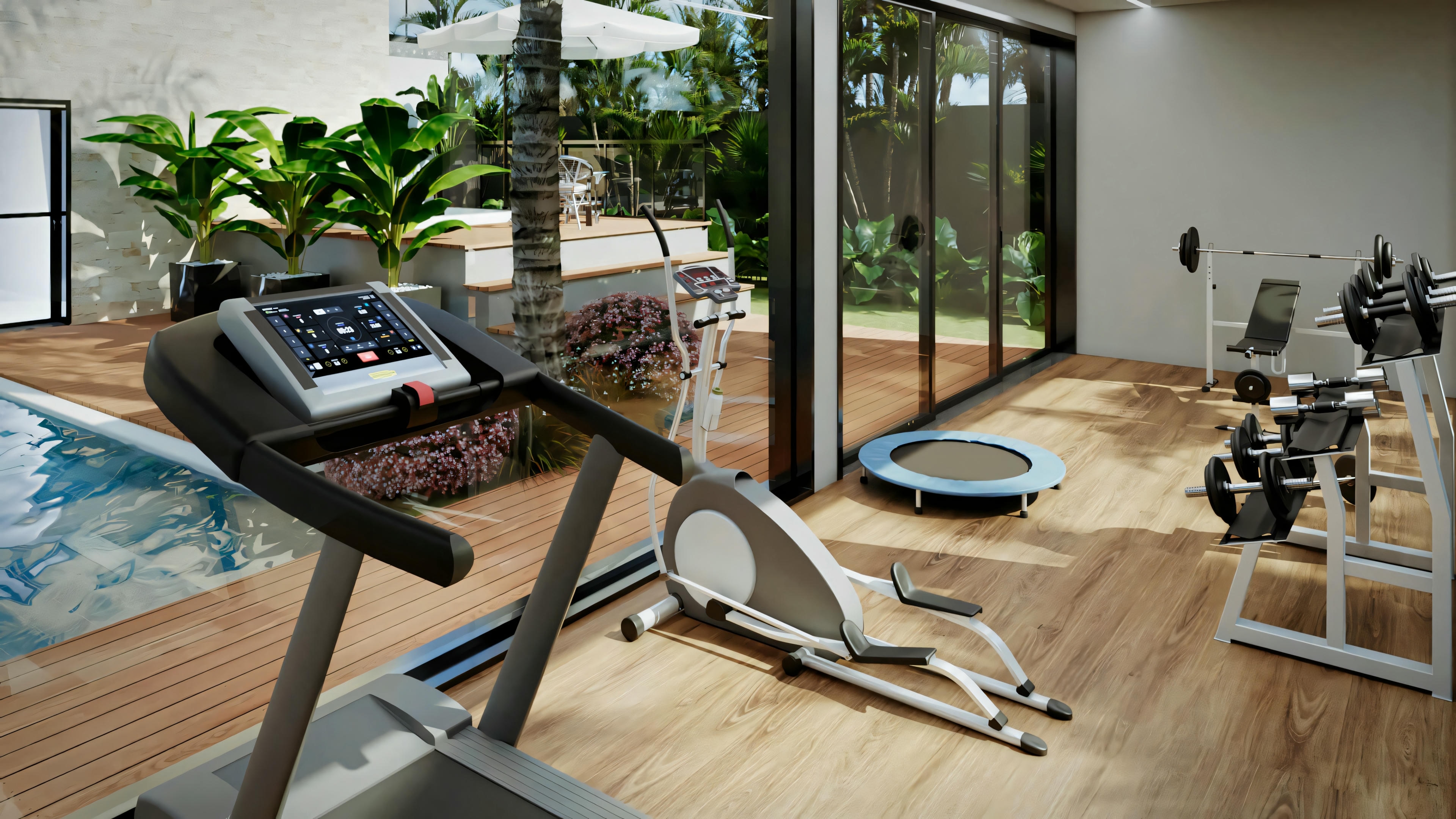 A home gym area with an exercise bike and weights on a wooden deck.