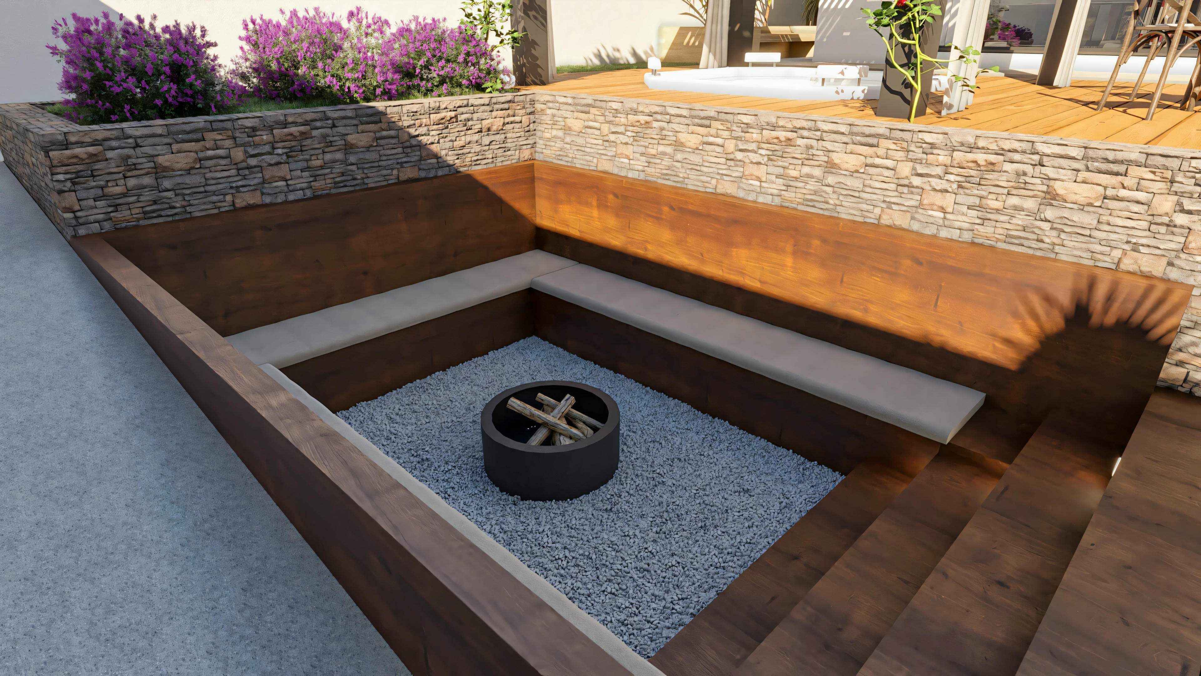 Detalhe da área de lazer do projeto pronto de 5 suítes, mostrando um lounge externo rebaixado com bancos de madeira embutidos, lareira de chão central, piso de pedrisco e canteiro elevado com pedras e flores.