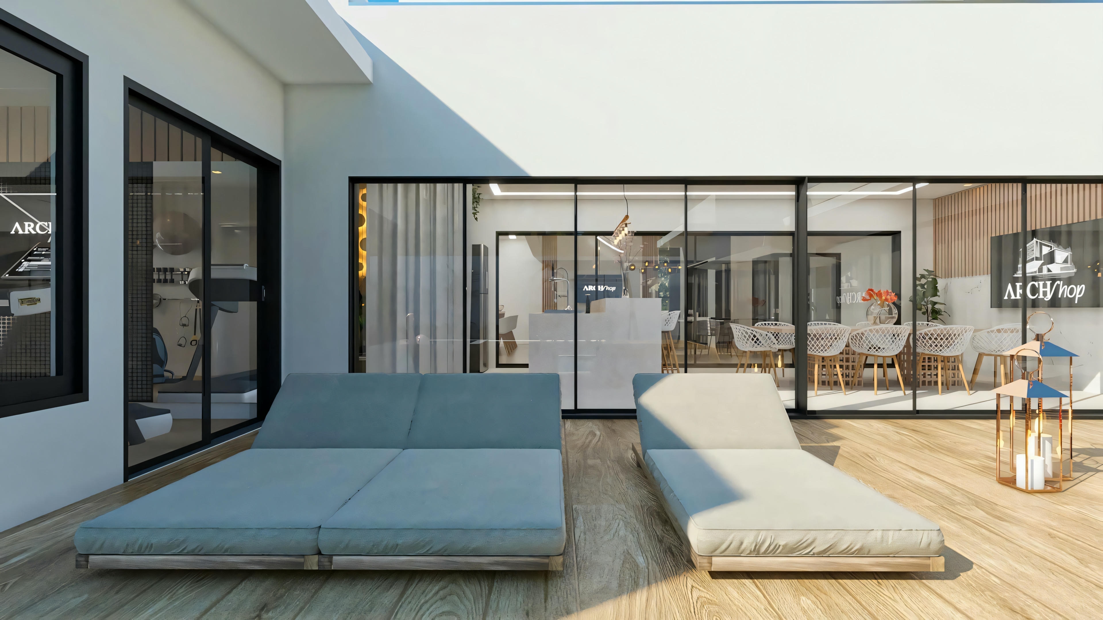 Wooden deck in the outdoor area of a luxury house, with a daybed, sun lounger, and decorative lanterns, next to large glass doors integrating with the house's interior.