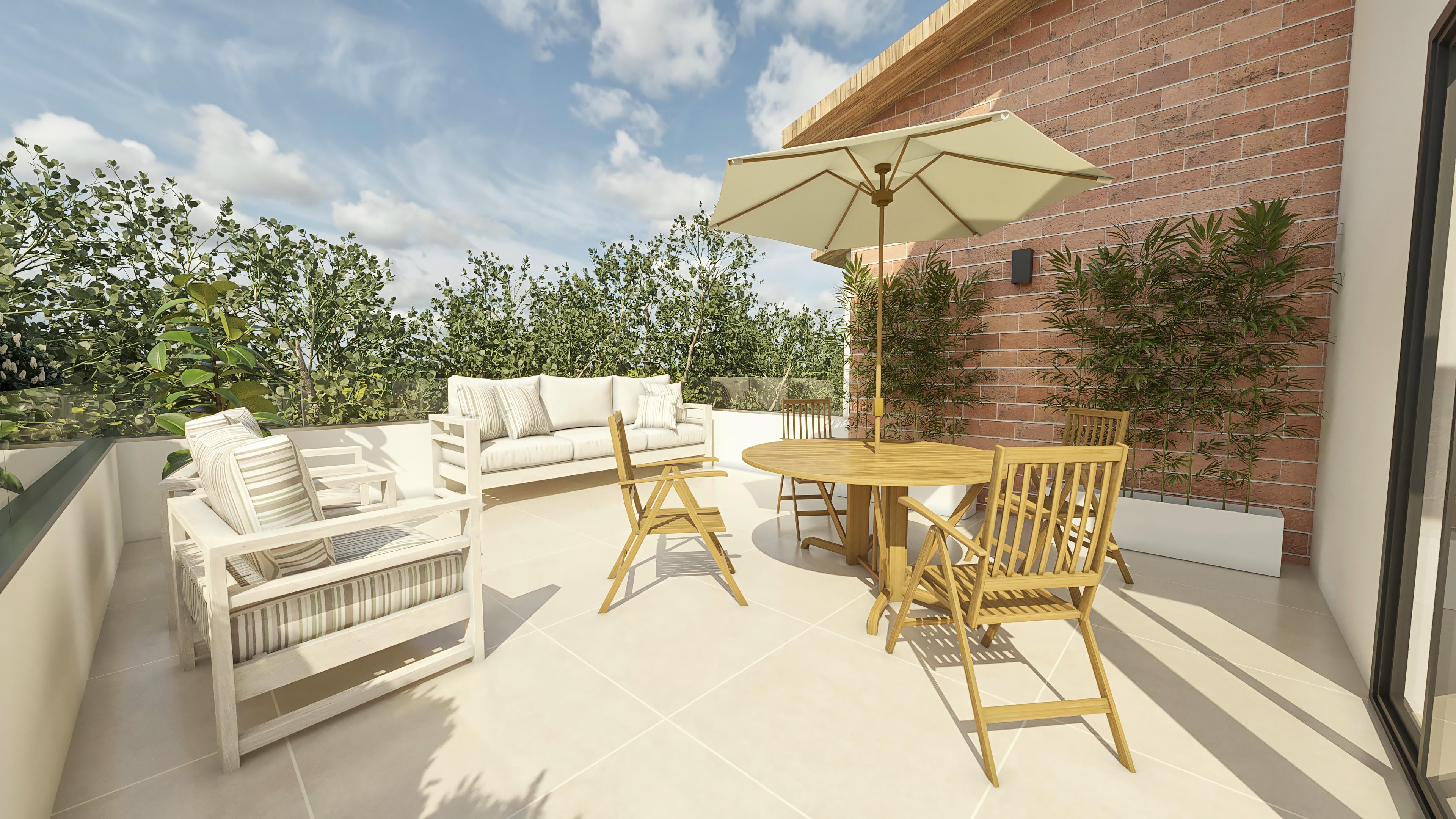 Outdoor area with light porcelain tile flooring, light wood furniture, sofa with striped pillows, round dining table with chairs, and exposed brick wall. A cream umbrella protects the table. Lush vegetation and a blue pool complement the environment.