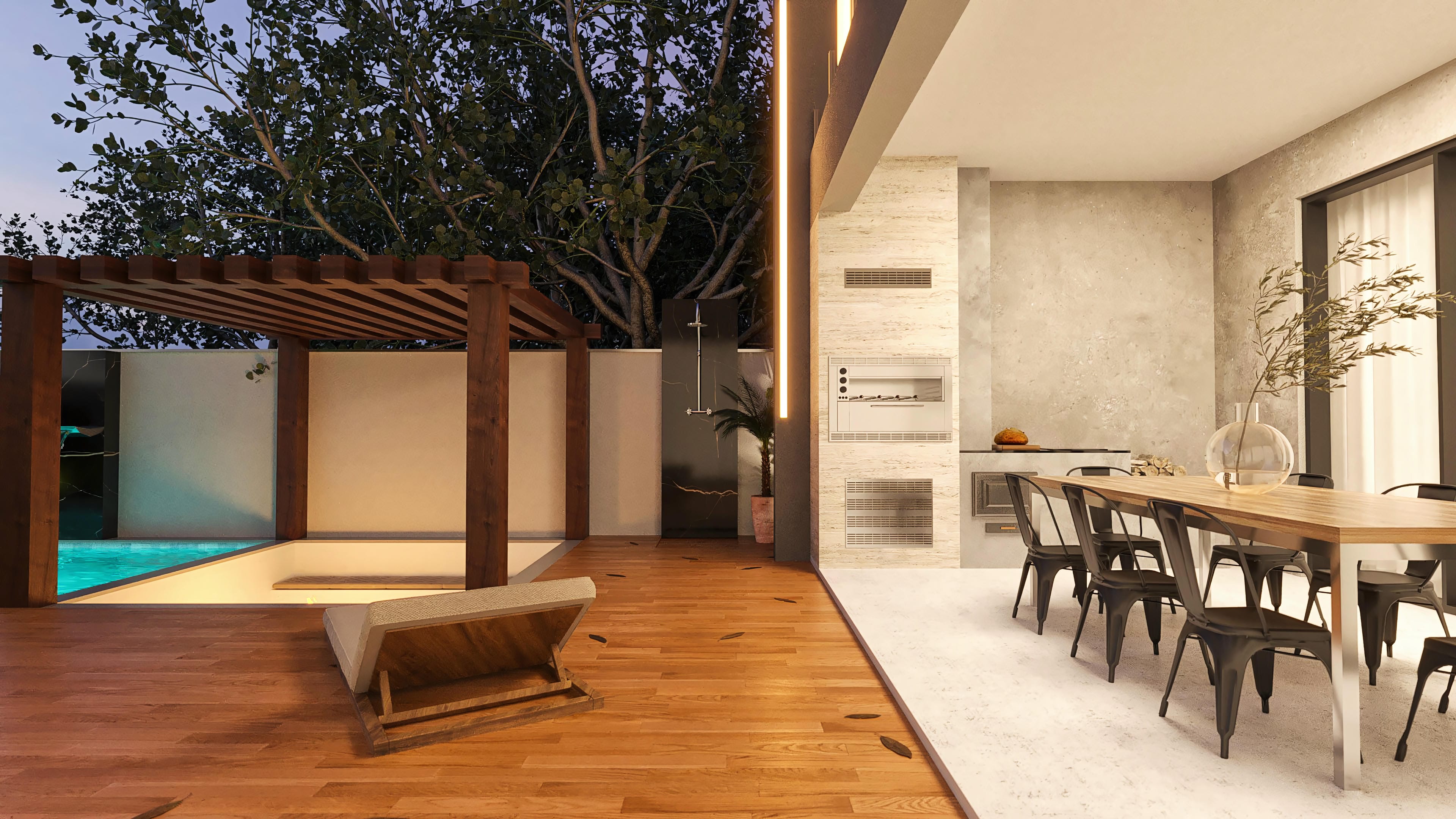 Outdoor leisure area of a modern two-story house with pool, wooden deck, and integrated barbecue grill. Includes gourmet area with table and chairs.