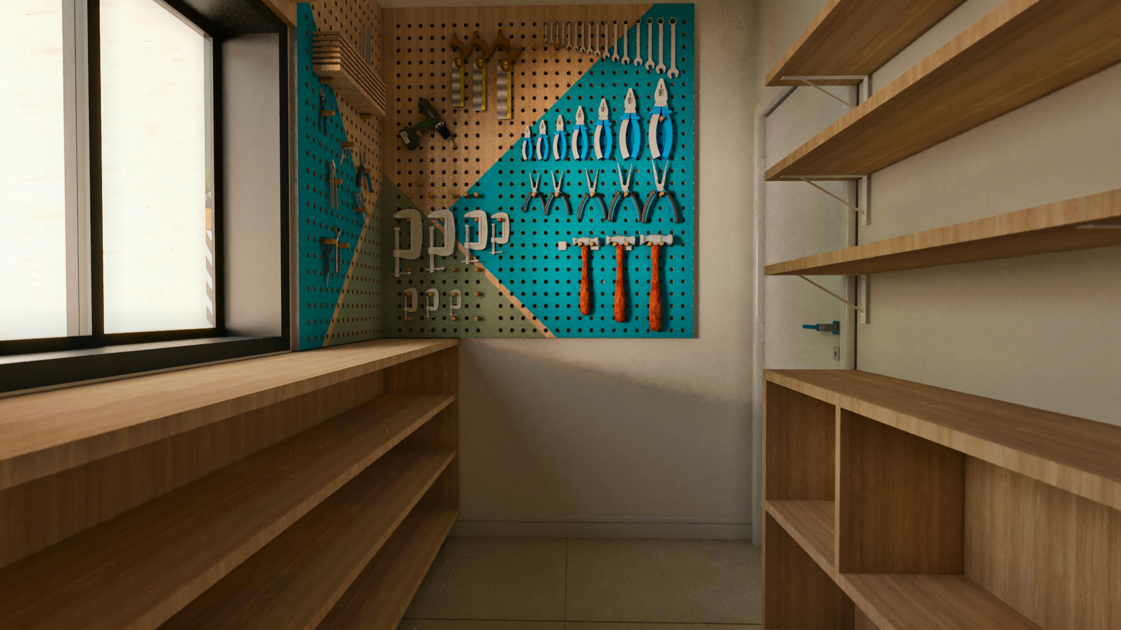 Spacious view of the office or workshop with multiple wood shelves for storage, pegboard tool panel, and window for natural lighting. This room is part of a 394.84sqm house project on a 20x25 lot, with 4 suites, pool, and gourmet area.