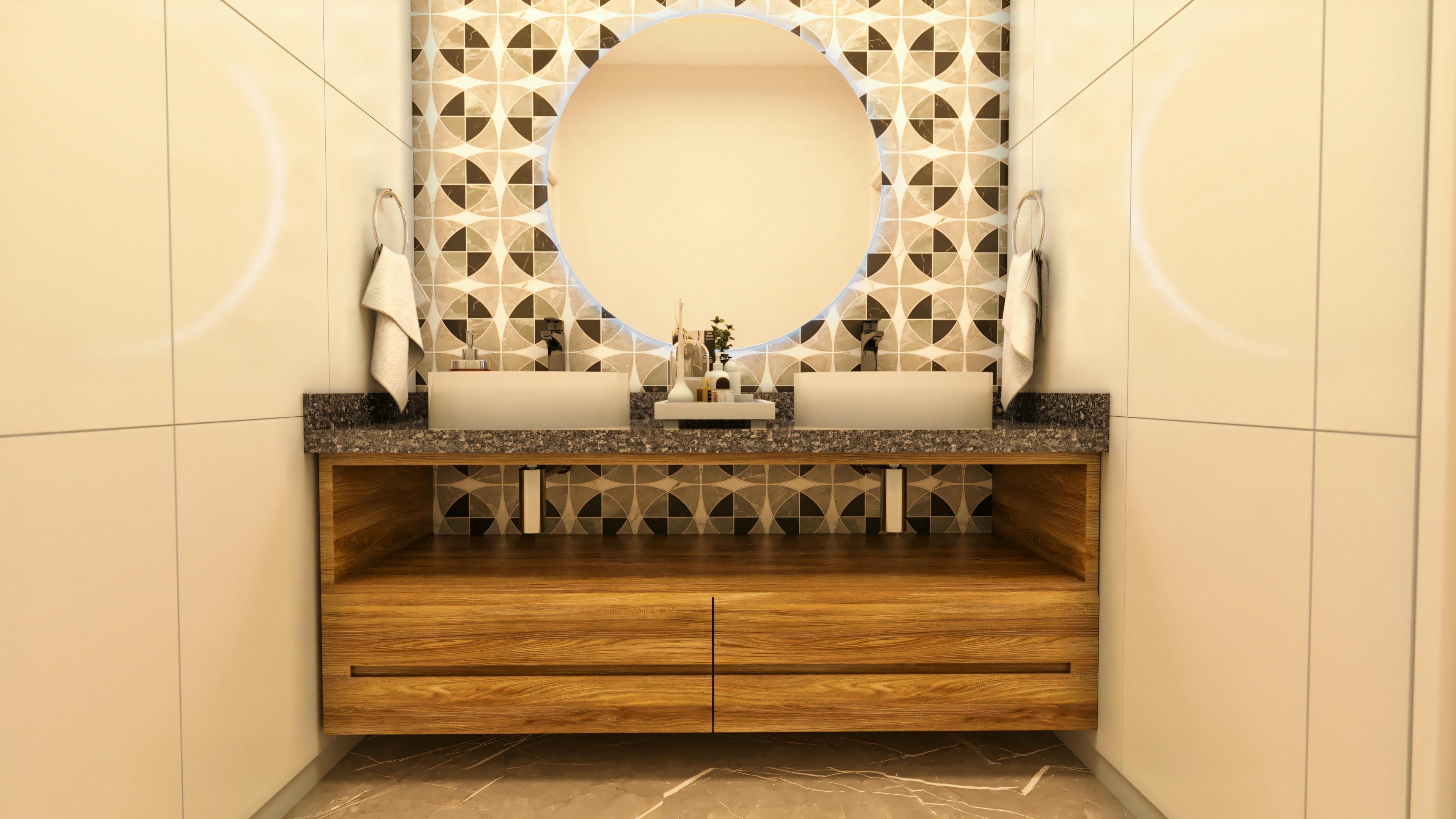 Bancada de banheiro ou lavabo com cuba dupla de sobrepor, armário suspenso em madeira, tampo em granito escuro e revestimento com azulejo de padrão geométrico. Este ambiente faz parte de um projeto de casa com 4 suítes, piscina e área gourmet, em terreno de 20x25 com 394.84m².