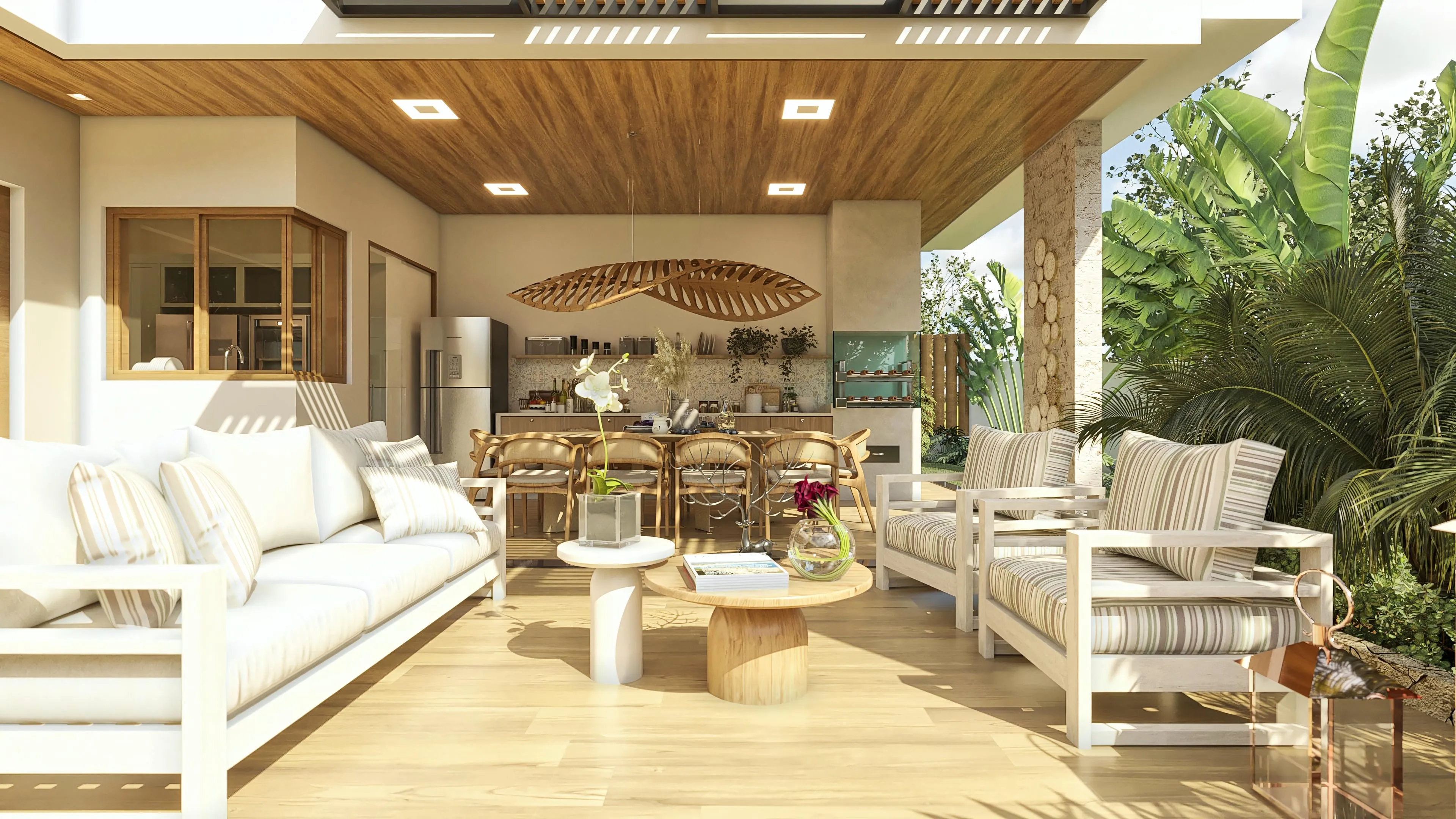 Área gourmet moderna integrada com sala de estar, apresentando teto de madeira ripada, mobiliário clean, churrasqueira e ampla vista para o paisagismo.