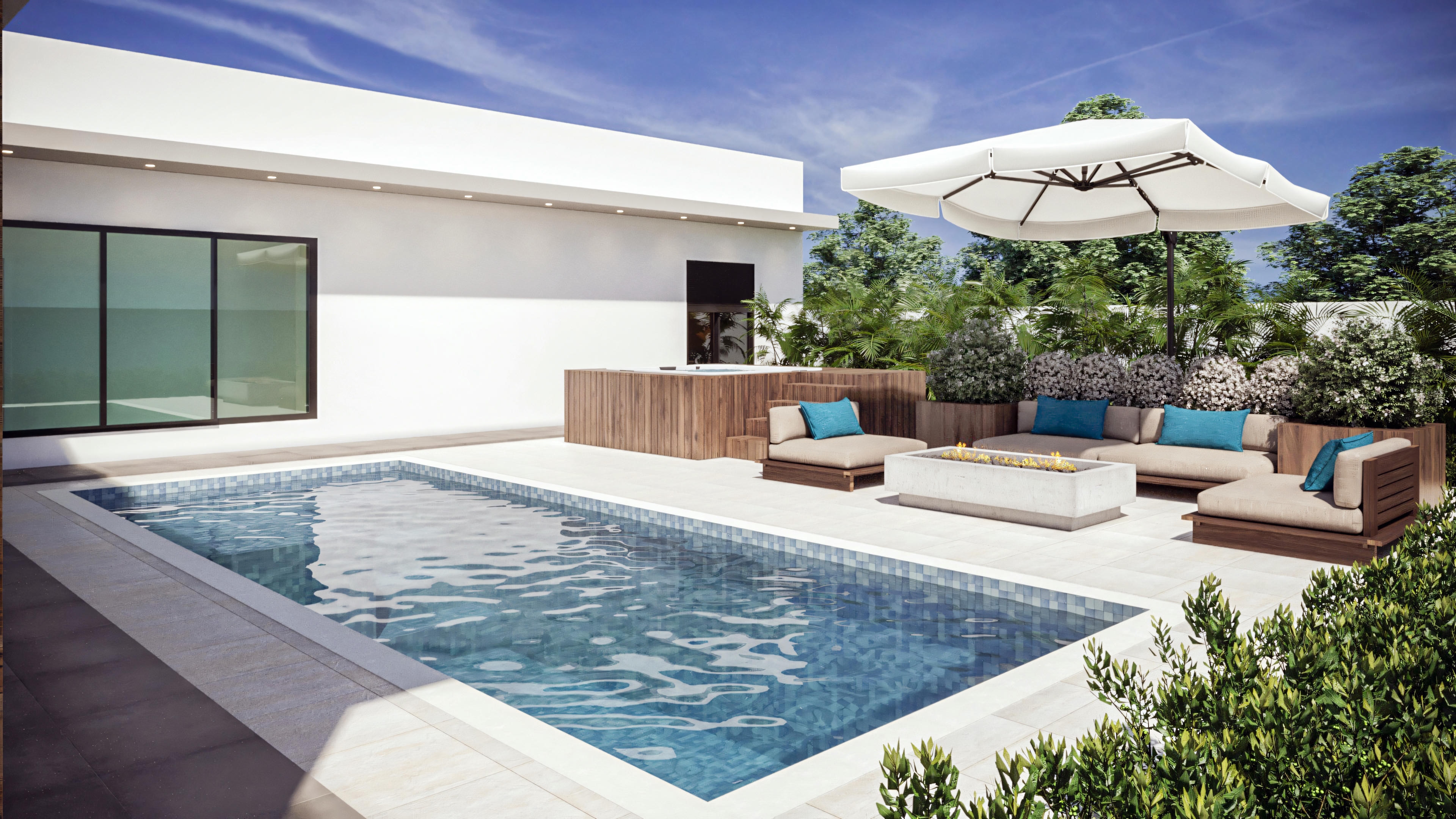 Leisure area of a 3-suite single-story house with a rectangular pool, deck, lounge space with sofas and outdoor fireplace, umbrella and landscaping, integrated with the gourmet area and house.