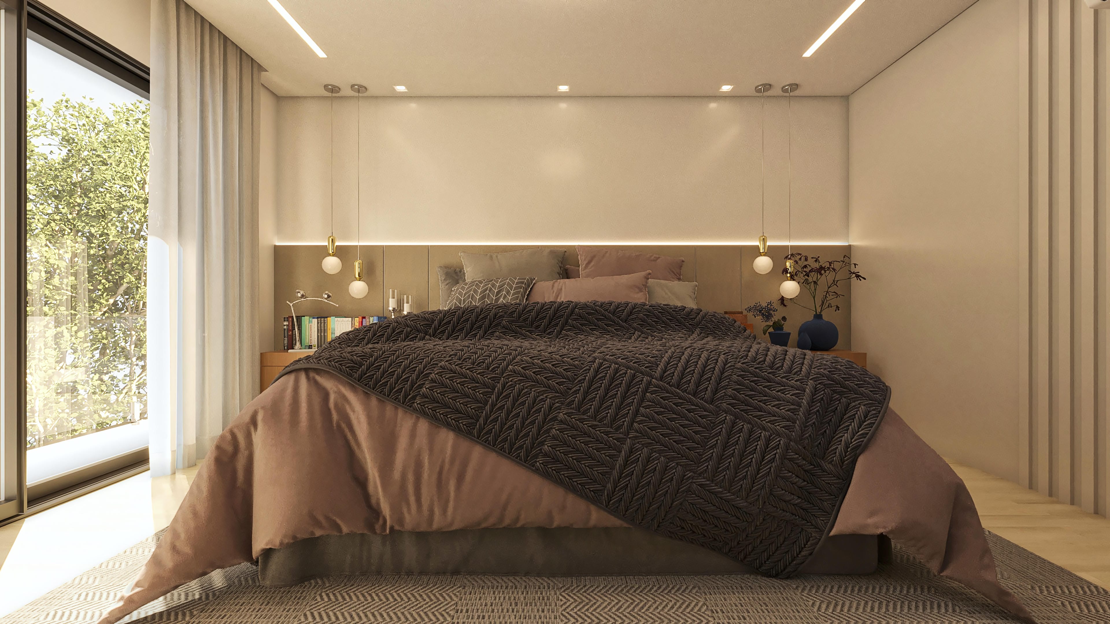 Interior of a luxurious suite with indirect LED lighting, slatted panel on the main wall, large glass windows with a view of vegetation, and sophisticated furniture.