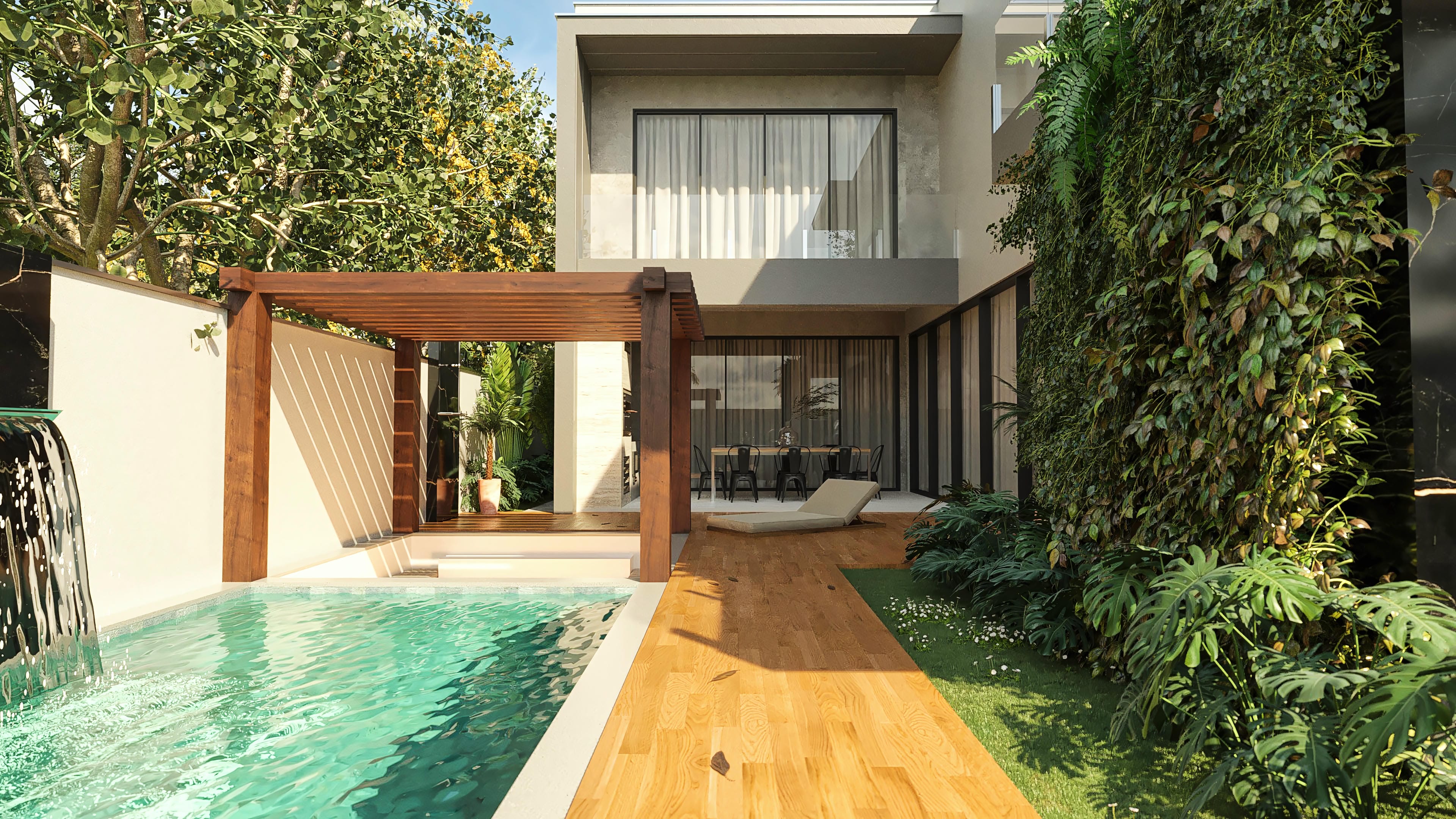 External view of a modern two-story house with a pool, gourmet area covered by a wooden pergola, lush landscaping, and exposed concrete details.