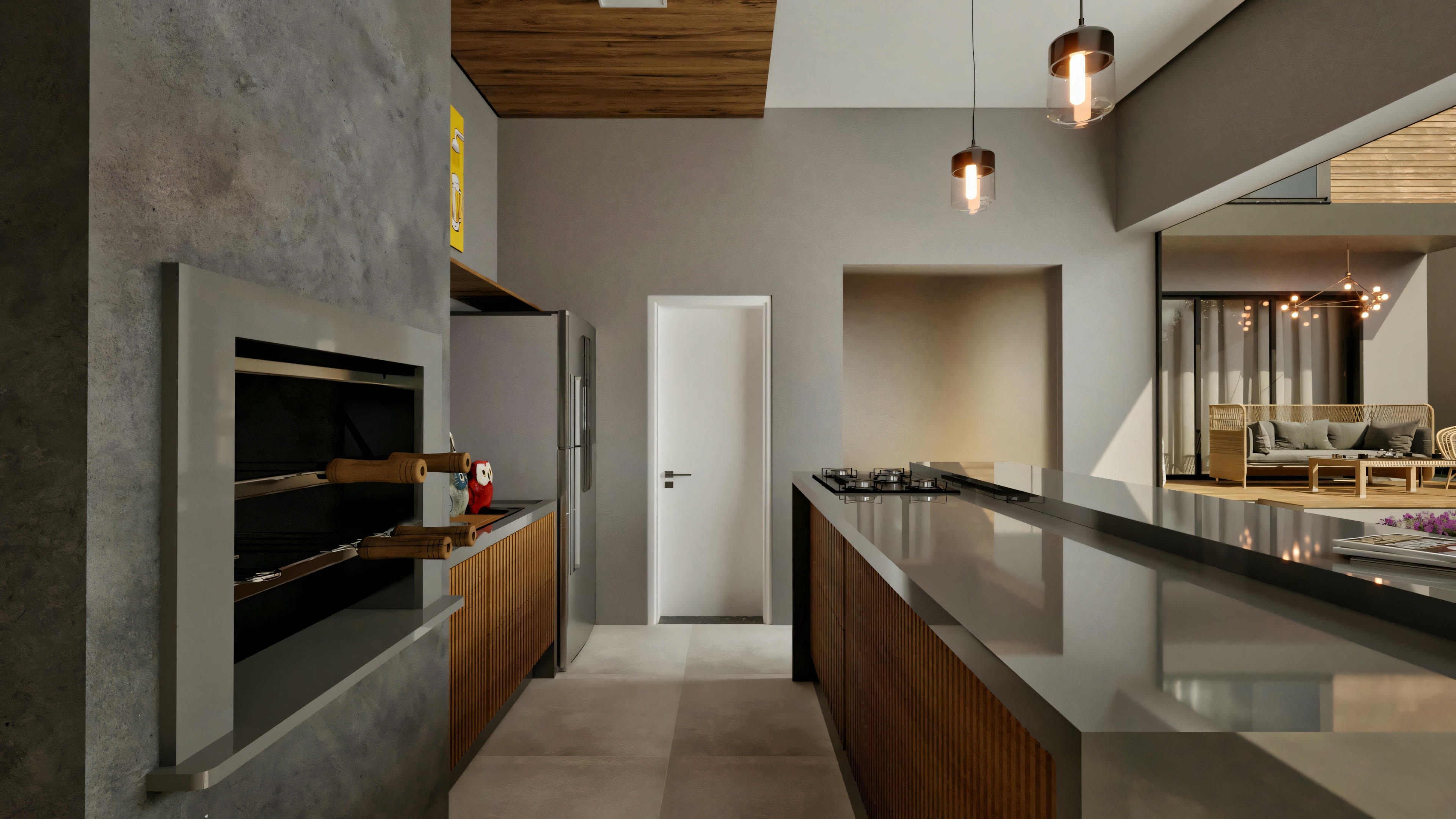 Side view of the gourmet area of a modern house (4 suites, 316.98m²), displaying a countertop with a dark top, built-in barbecue, stainless steel refrigerator, cabinets with slatted wood doors, and access to the covered veranda on the right.